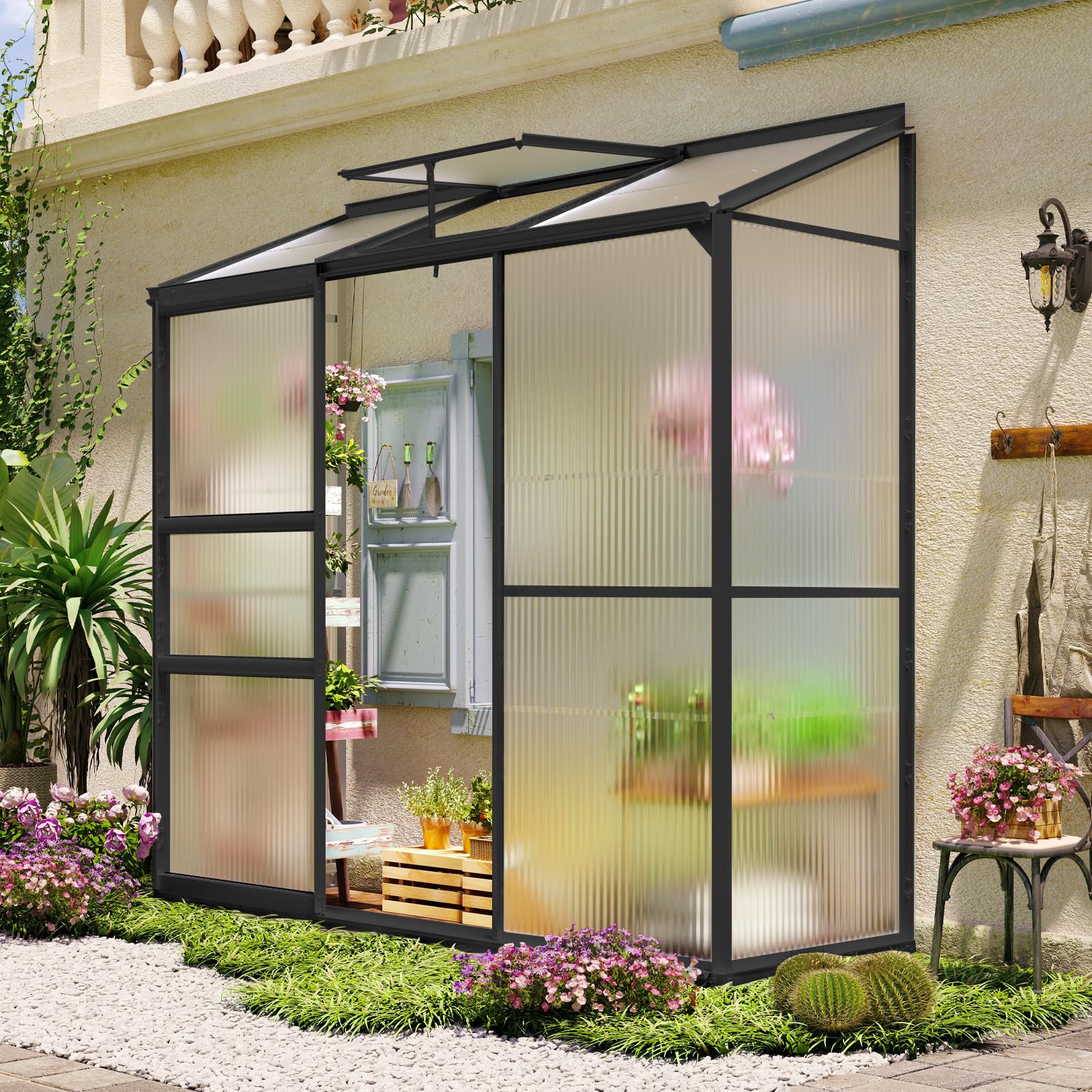 Photo 1 of ***BOX 3 OF 3 _MISSING BOX 2 & 3 -SELLING AS PARTS ONLY***  Showellgard 6x2ft Lean-to Polycarbonate Greenhouse, Small Walk-in Green House, with Adjustable Roof Vent, Rain Gutter and Sliding Door, Outdoor Greenhouse for Garden, Backyard Black