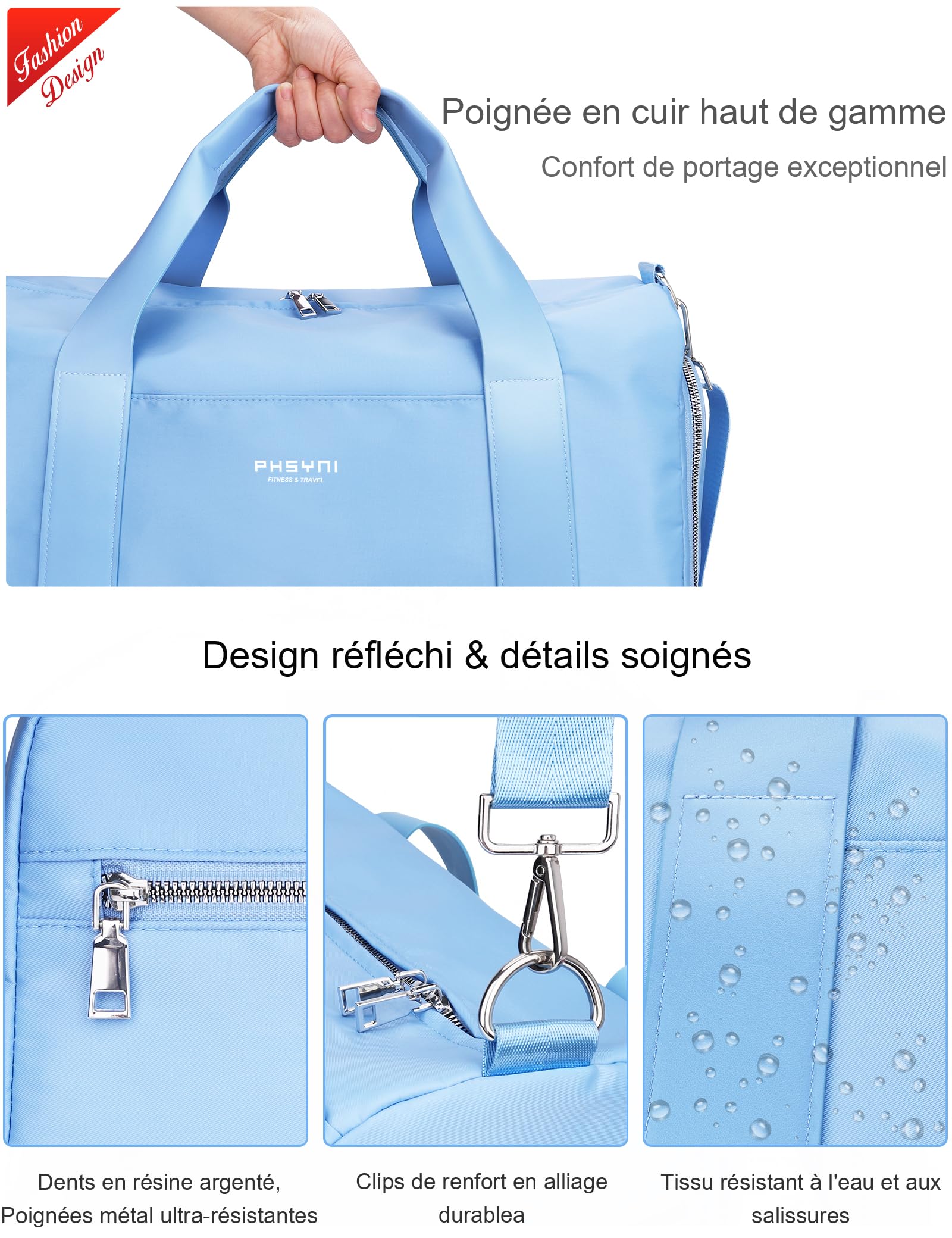 19 Pouces Sac De Sport Femme,Sac De Voyage Femme,avec Compartiment À Chaussures Et Poche Imperméable,pour Les Voyages, La Danse, Sportives Sac D'entraînement (Bleu,49x20x25 CM,25L)