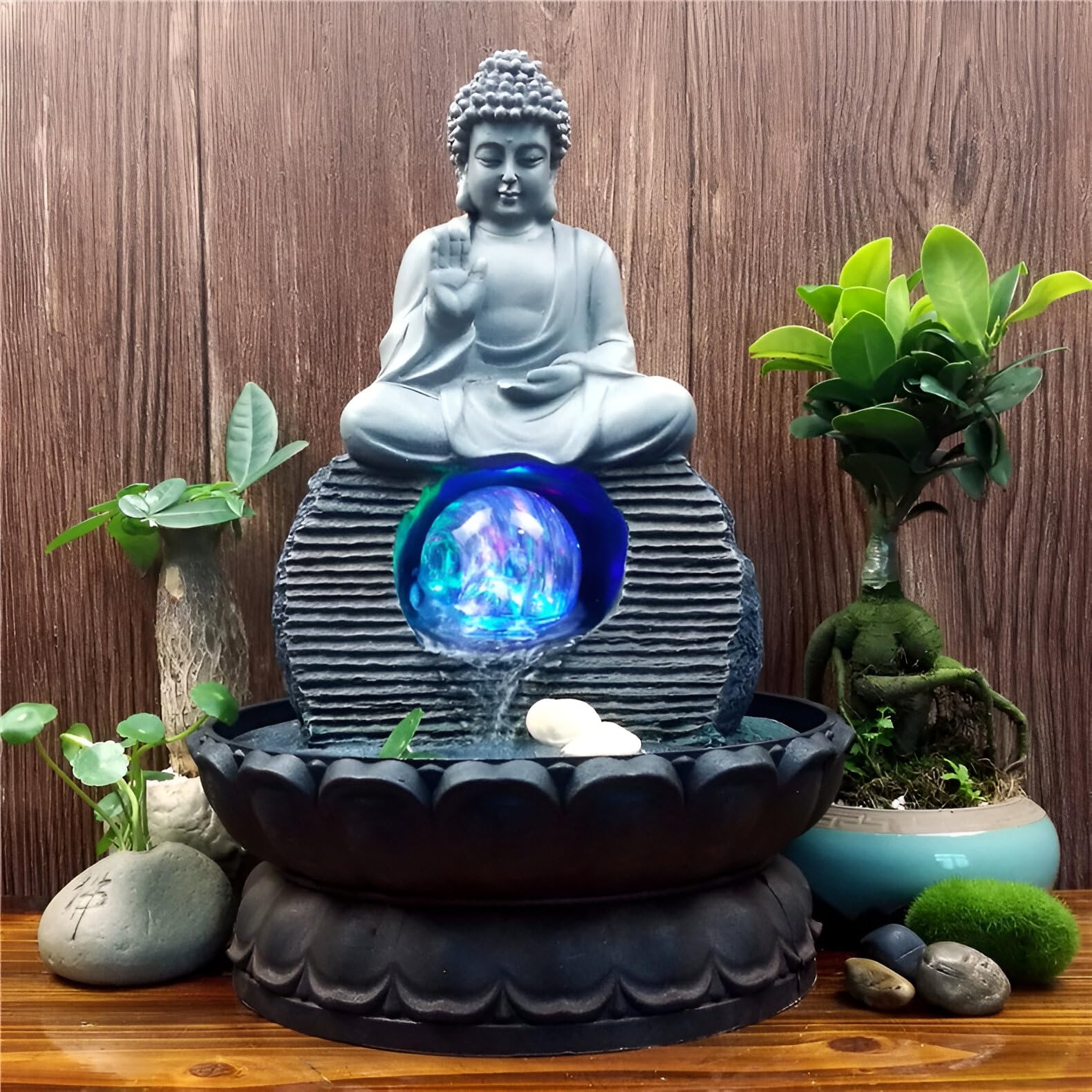 Fuente de mesa decorativa para interior, fuente de agua con cascada, de resina, diseño de Buda, con iluminación LED, bomba de agua, Zen, decoración para salón, dormitorio, oficina, 21 x 21 x 30 cm