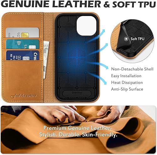 Miniatura 3 de SHIELDON Funda para iPhone 15 5G 2023, piel auténtica para iPhone 15, cartera con función atril, bloqueo RFID, tarjetero magnético a prueba de