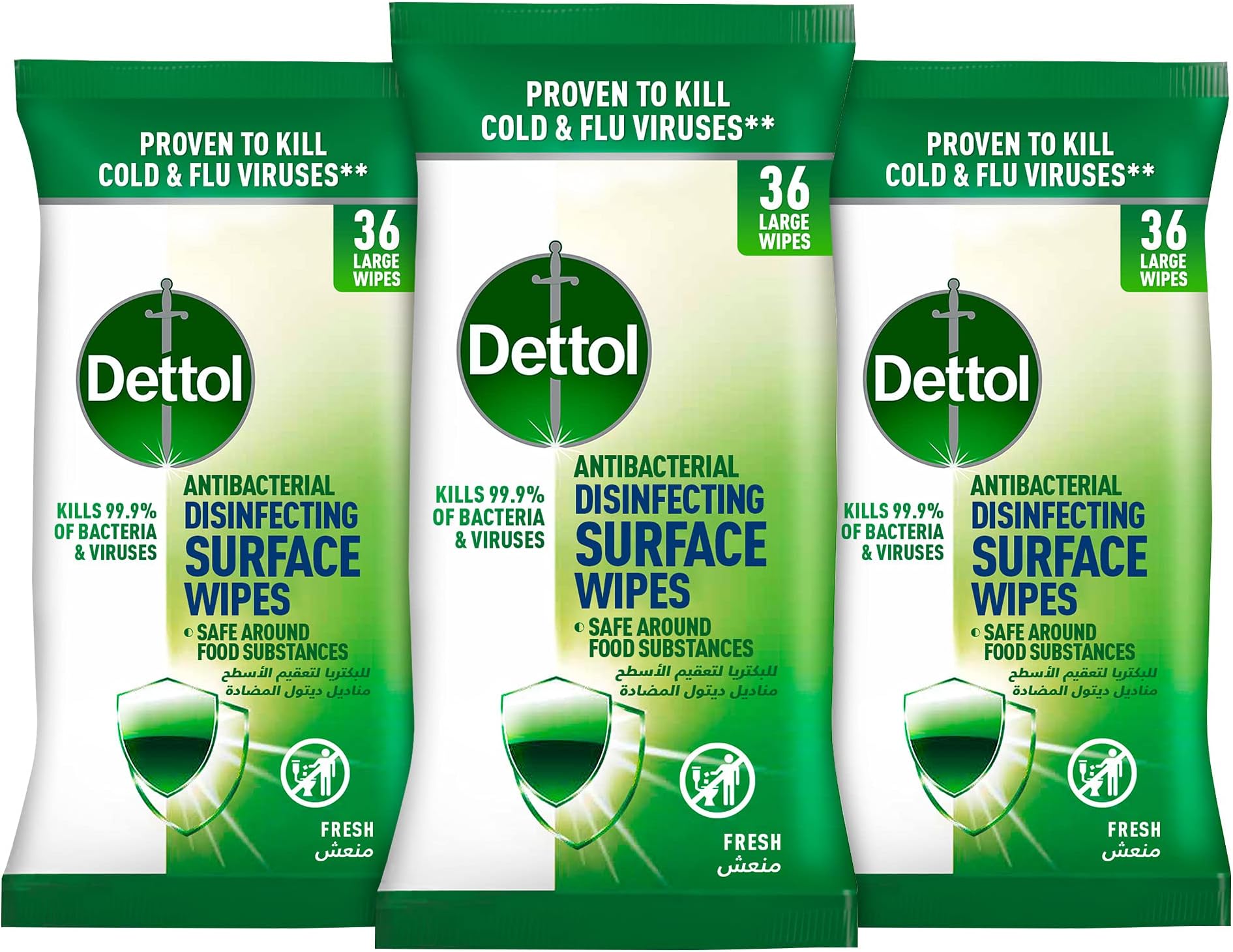Dettol Fresh Antibacterial Disinfecting Surface Wipes for Effective Germ Protection & Personal Hygiene with Resealable Lid (Kills 99.9% of Bacteria & Viruses), Pack of 36 Large Wipes (Pack of 3)