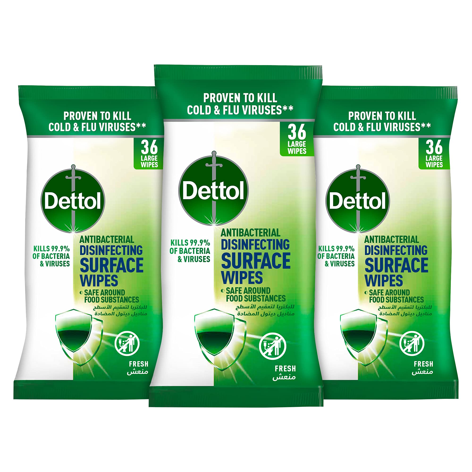Dettol Fresh Antibacterial Disinfecting Surface Wipes for Effective Germ Protection & Personal Hygiene with Resealable Lid (Kills 99.9% of Bacteria & Viruses), Pack of 36 Large Wipes (Pack of 3)
