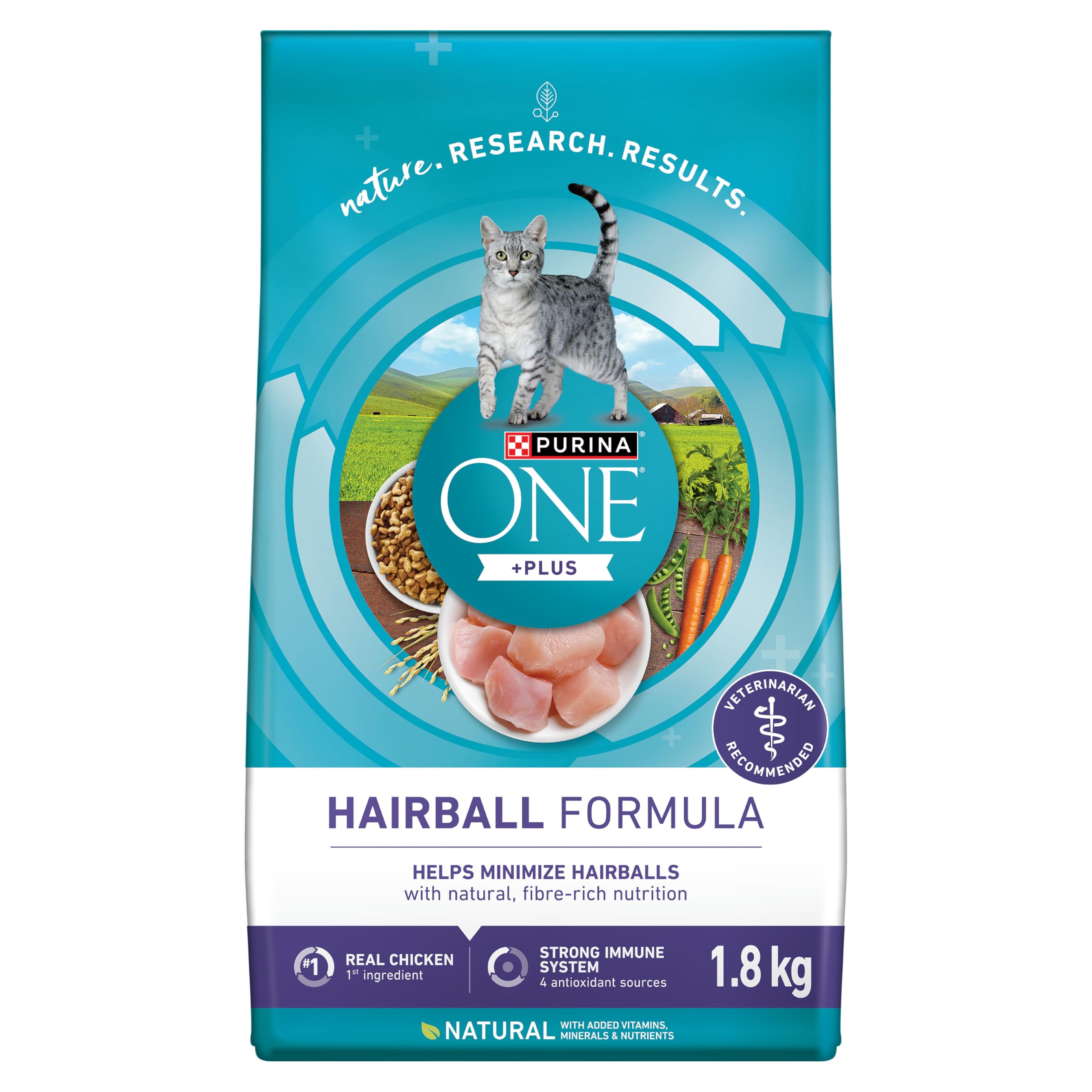 Purina ONE +Plus Dry Cat Food, Hairball Formula Chicken - 1.8 kg Bag image 1