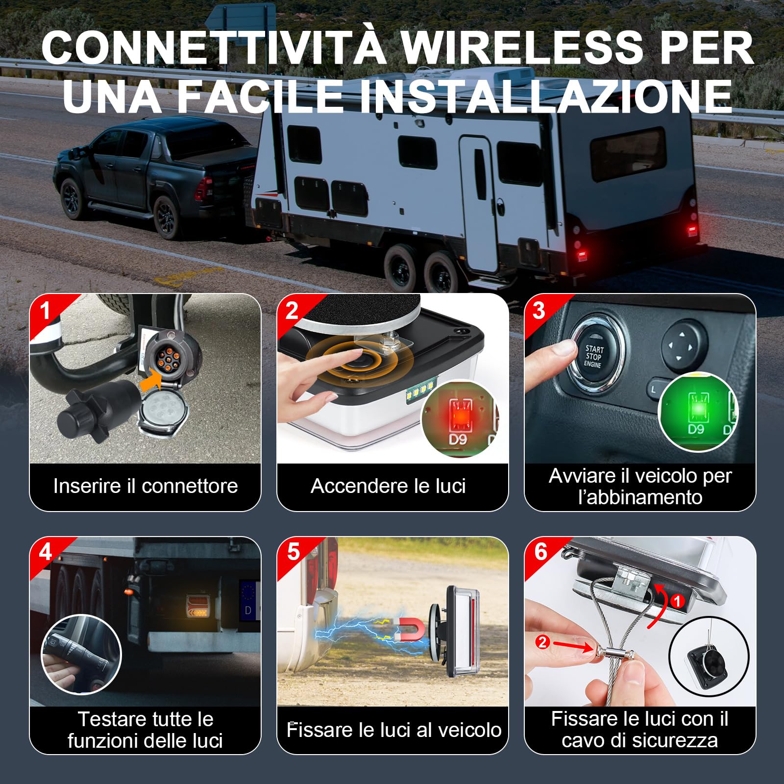 Dinfu Luci Posteriori Wireless WiFi Magnetiche per Rimorchio a batteria - Kit di Illuminazione LED a 7 Pin + caricatore USB + cordino antifurto per Auto, Camion, Trattori, Rimorchi e Caravane