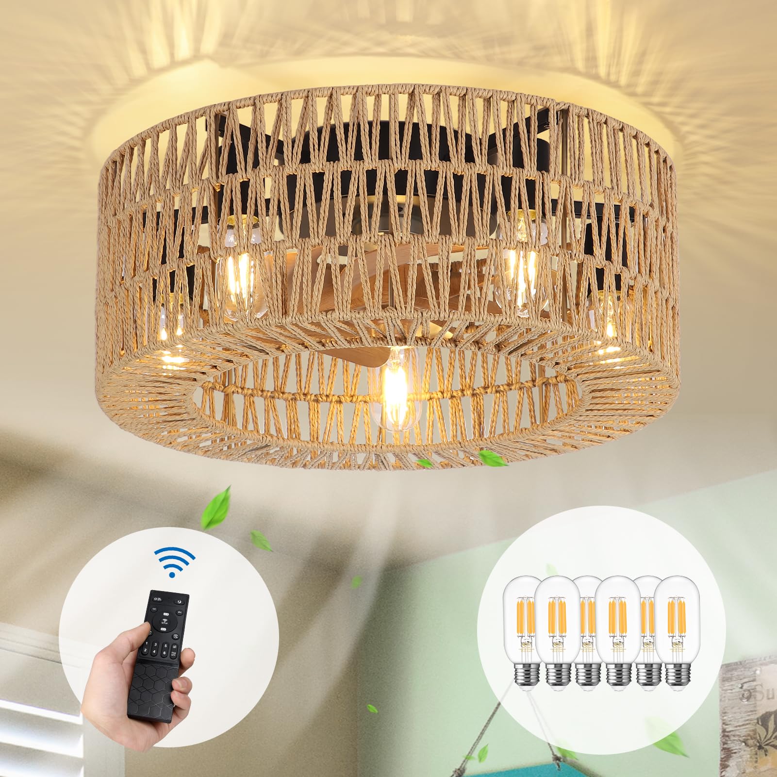 HMVPL Boho Ceiling Fan with Remote,Farmhouse Flush Mount Ceiling Fans with Lights,Rattan Low Profile Ceiling Fan with 6 Bulbs,1/4H Timer,6 Speeds,Caged Ceiling Fan for Bedroom Living Room Kitchen