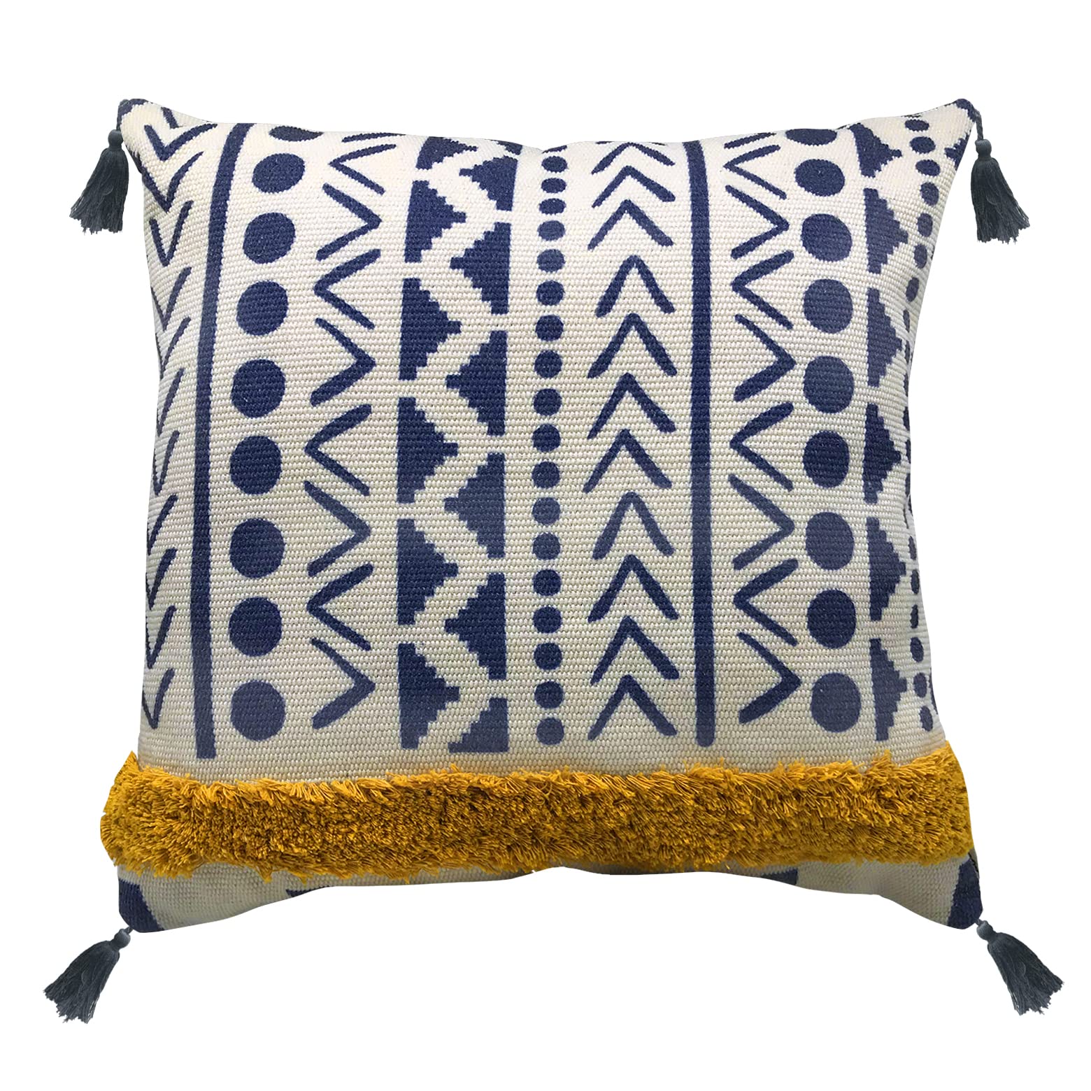 Alysheer Federa decorativa per cuscino bohémien trapuntata con nappe e frange, 45 x 45 cm, in velluto di cotone, reversibile, per divano, soggiorno, camera da letto (blu navy senape)