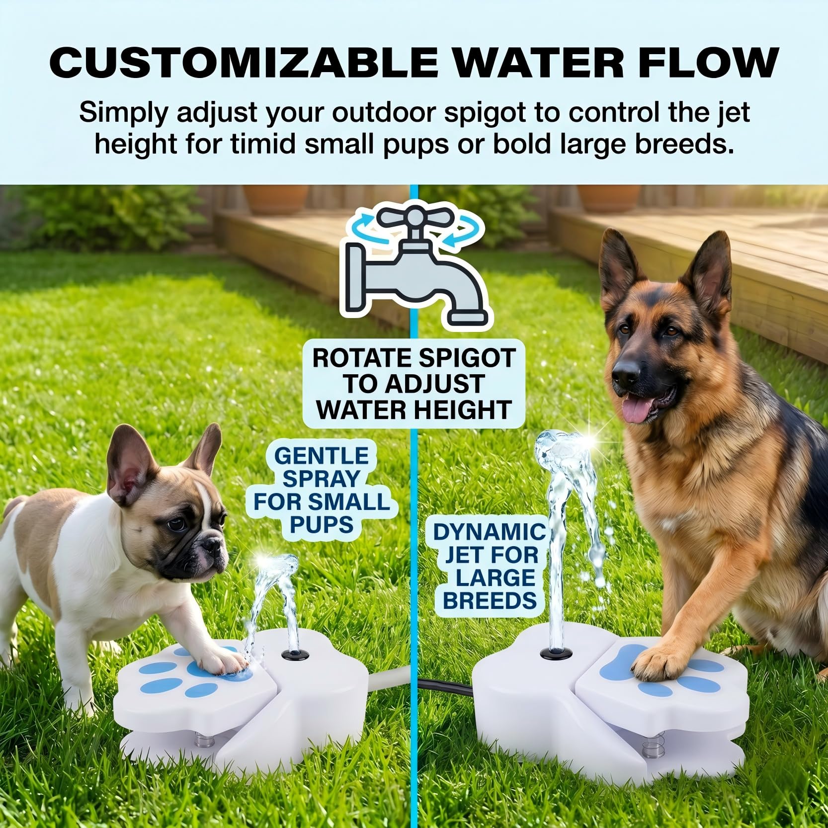 Dog Water Fountain Step On, Paw Activated Outdoor Dog Sprinkler Toy for Large & Small Dogs, No Battery Pet Drinking Pedal with Leak-Proof Hose Connector for Backyard & Summer Play