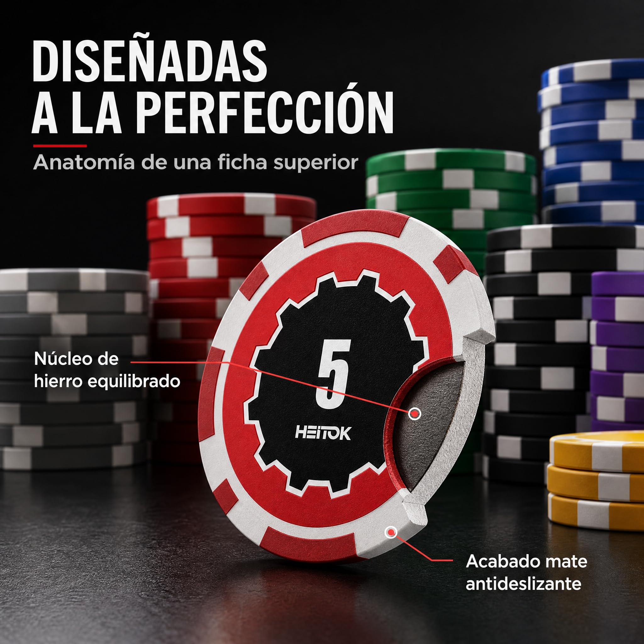 HEITOK Maletín de Póker Profesional 300 Fichas Numeradas 11.5g Núcleo Metal - Estuche Aluminio, 2 Barajas, Dados y Botones para Texas Holdem