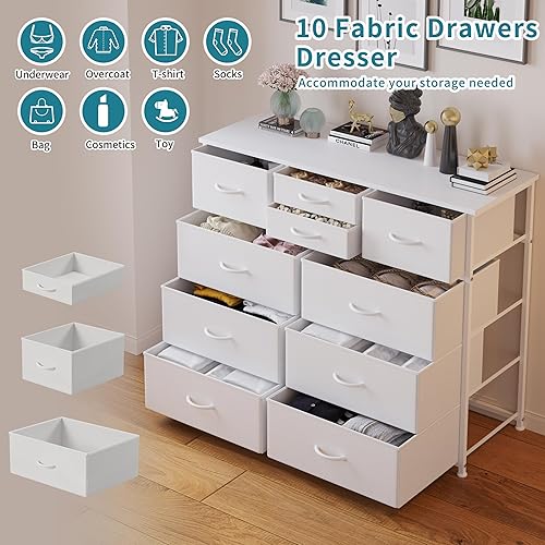 Miniatura 4 de LUMTOK 10-Drawer Dresser, Fabric Storage Dressers Drawers for Bedroom, Hallway, Nursery, Closets, Steel Frame, Wood Top, Easy Pull Handle (White)