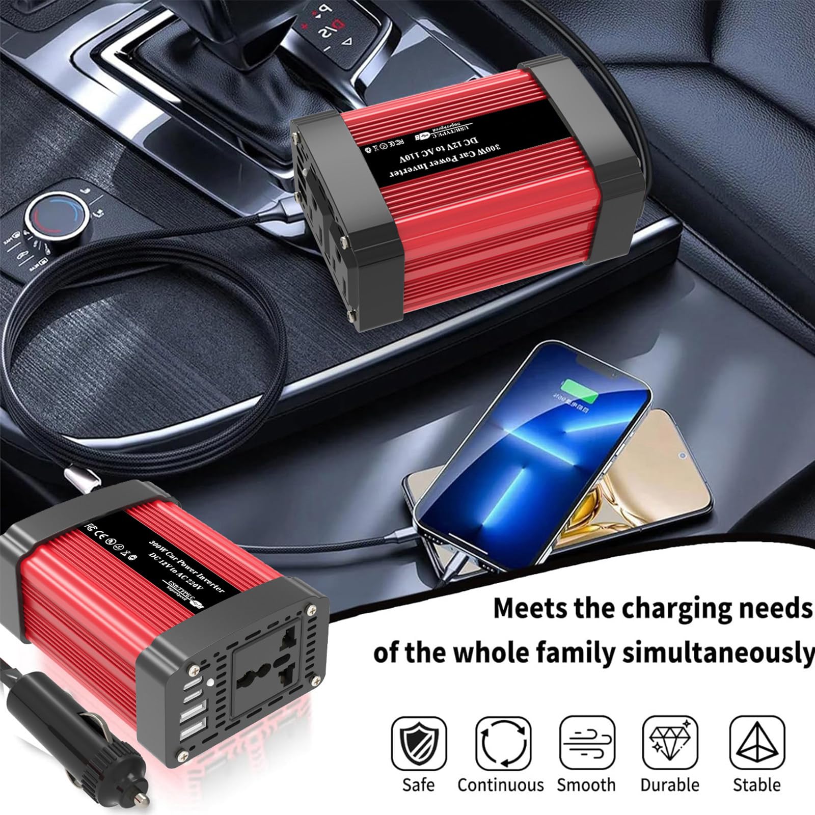 300W/600W 12V 220V Inverter Onda Pura con Doppia Porta USB Smart Type-C da 2,4 A per Camper Auto Convertitore di Potenza