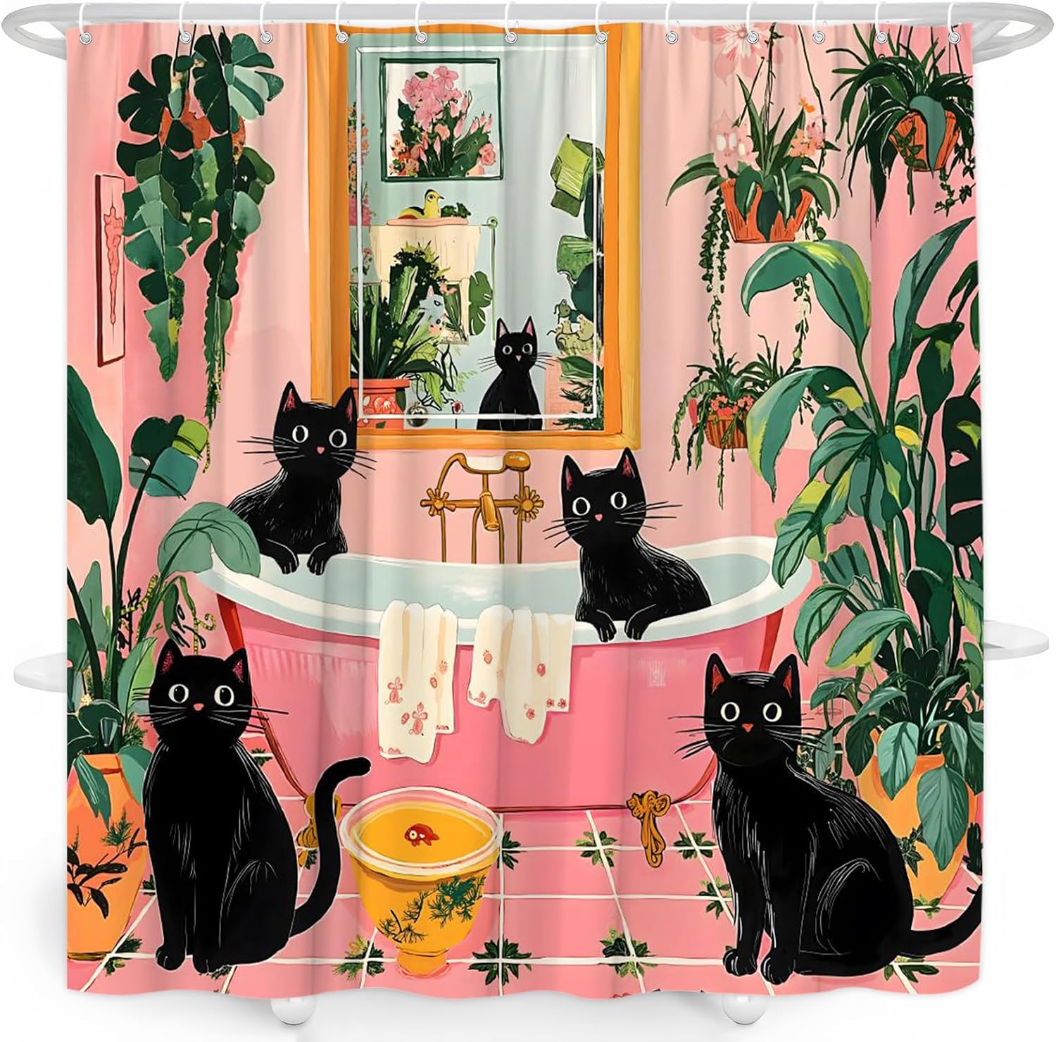 Funny Cat Shower Curtain, Cute Black Cats Boho Animal Palm 70x70 in