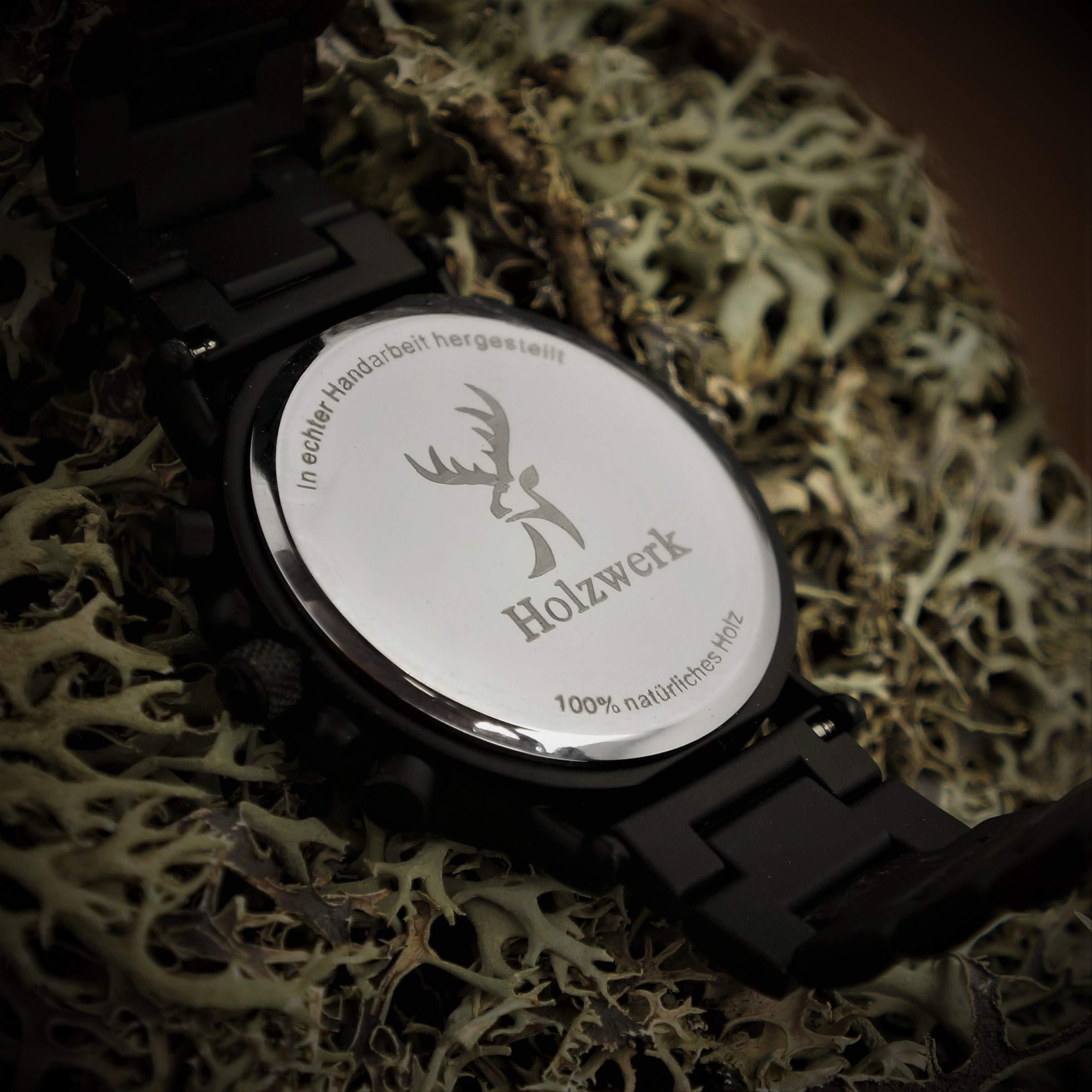 Handmade Holzwerk Germany® Designer męski zegarek ekologiczny naturalny drewniany zegarek chronograf zegarek na rękę analogowy zegarek kwarcowy brązowy czarny data drewno cyferblat,