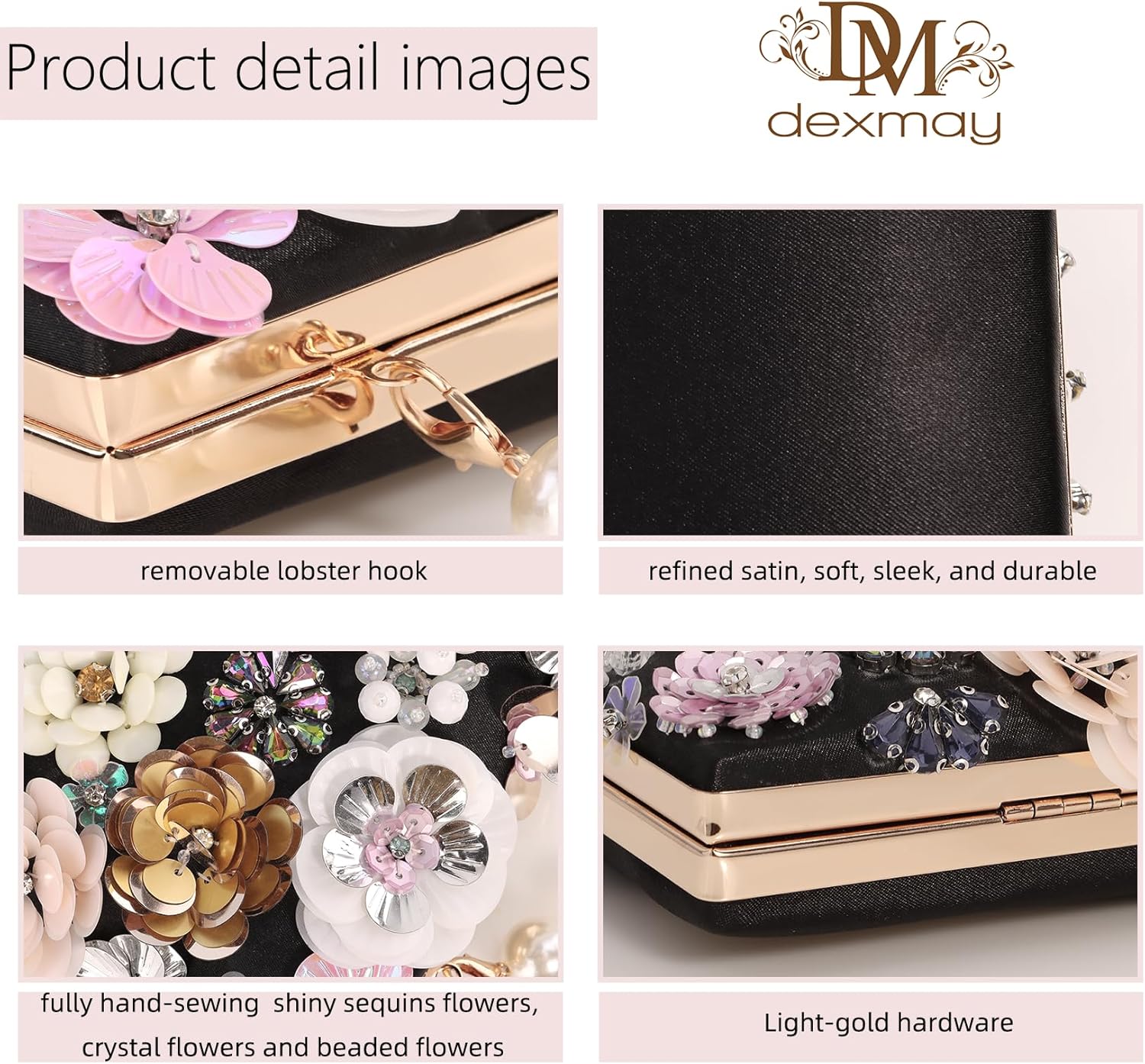 DEXMAY Women's Elegant Floral Beaded Evening Clutch Purse with 2 Detachable Straps,3D Flowers Handbag for Wedding,Party,Prom - Image 5