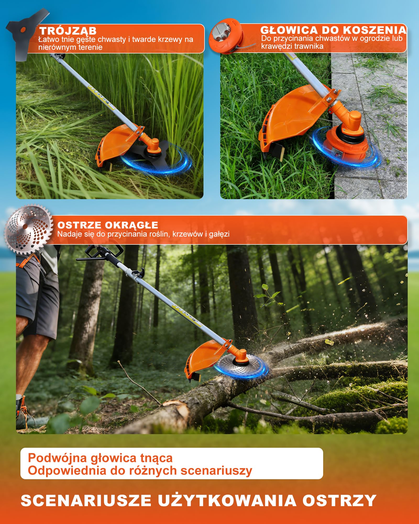 Kosa spalinowa 52 cm³, 2-suwowa, z trymerem benzynowym i podkaszarką, nożyce do żywopłotu, piła łańcuchowa 3 KM, 2-suwowe urządzenie ogrodowe, wydajne i energooszczędne