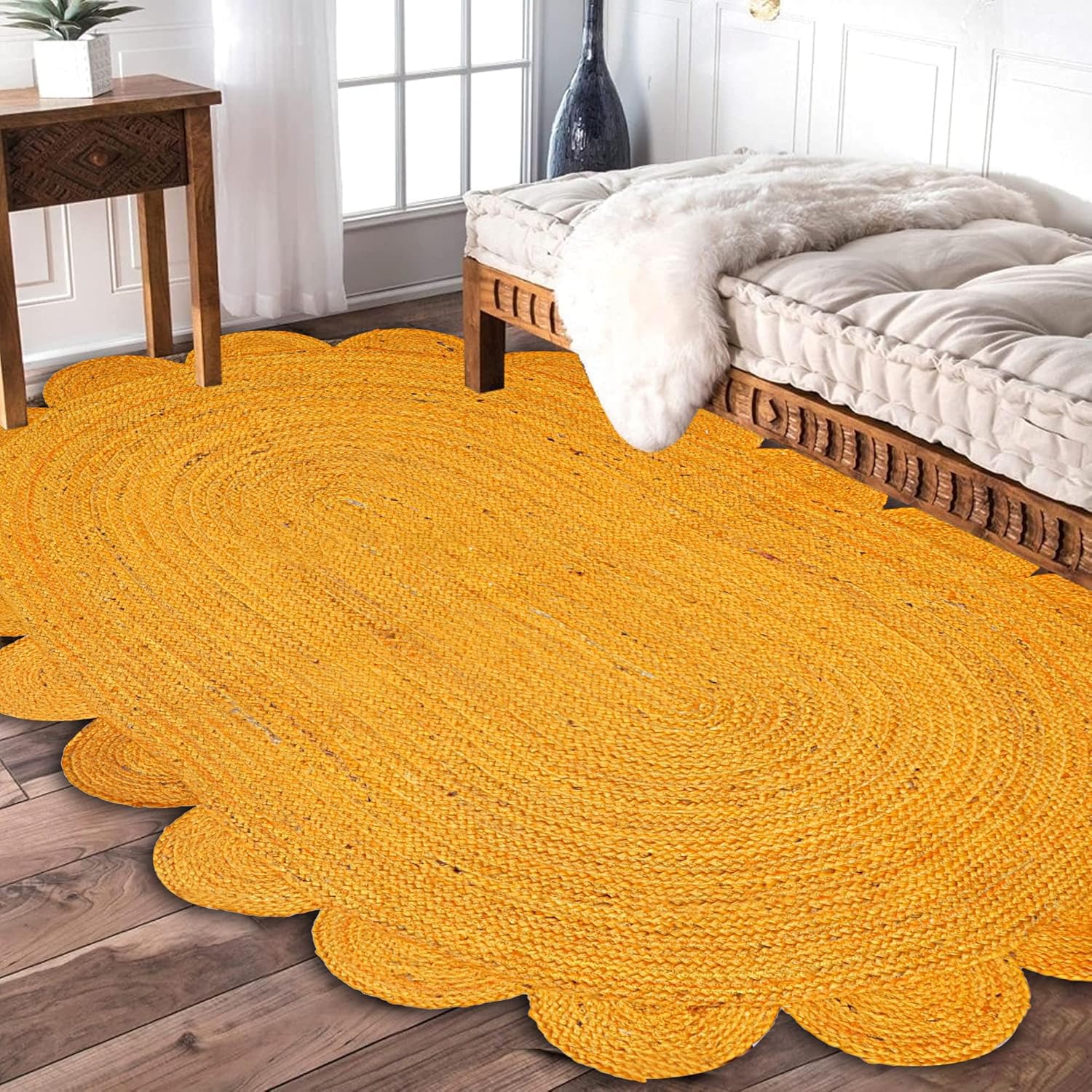 Mrida Weave Handwoven Scalloped Jute Area Rug – Natural Floor Carpet Mat for Living Room, Bedroom, Dining & Entryway Home Décor- 2.3x4 Feet Oval (69 cmx122 cm) - Yellow