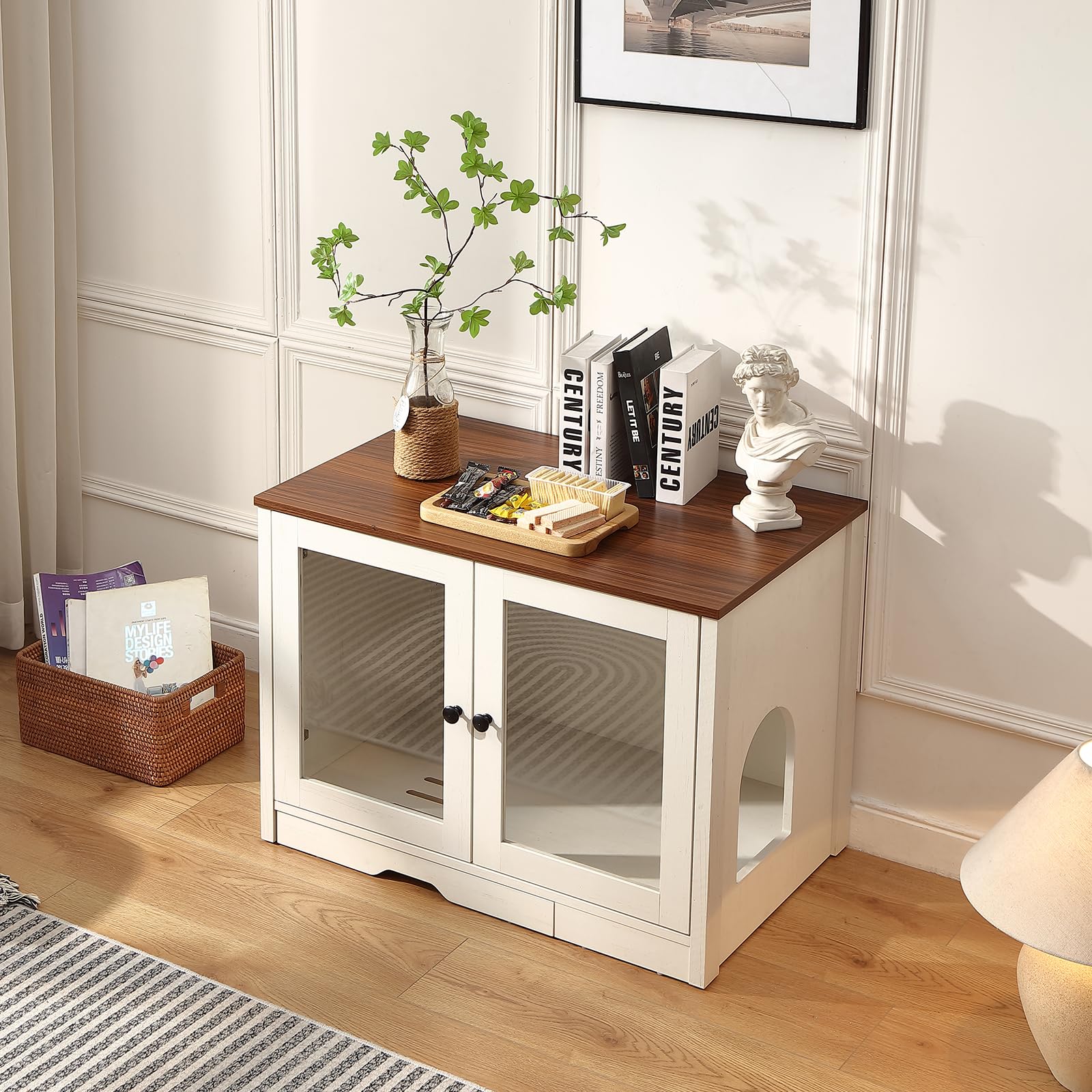 FOREST GRAVITY Mueble Arenero para Gato Pequeño Mueble Arenero para Gato Moderno 82 * 58.5 * 53 cm Casa para con Puerta y Tabique Separador Blanco Antiguo