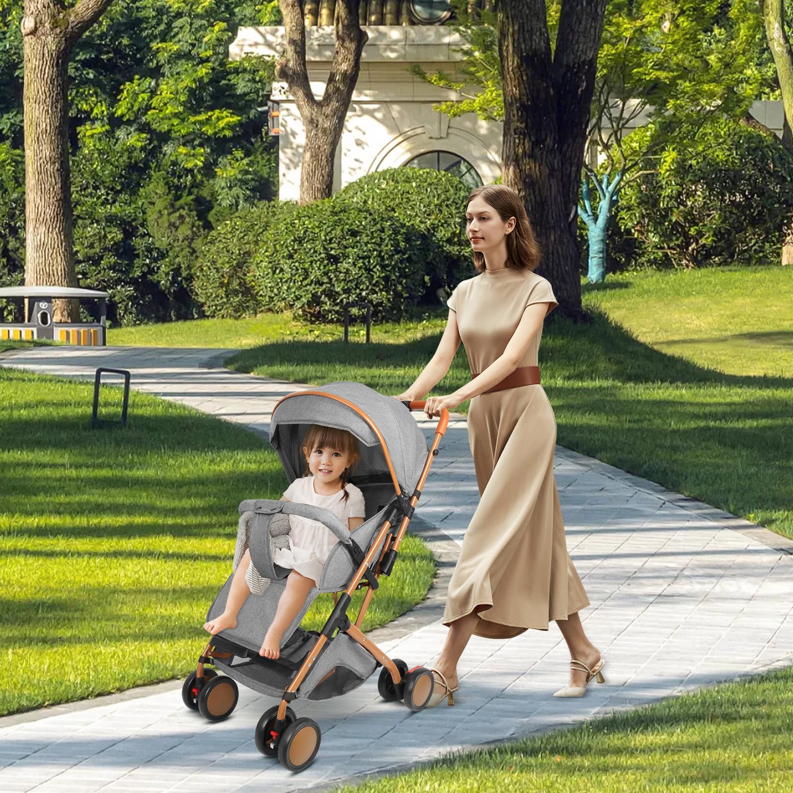 OHMG Poussette pour enfant avec nacelle, 2 en 1, ultra compacte, avec bandoulière, système de harnais à 5 points, 22 kg, utilisation à une main, dossier réglable, capot, panier, frein à pied