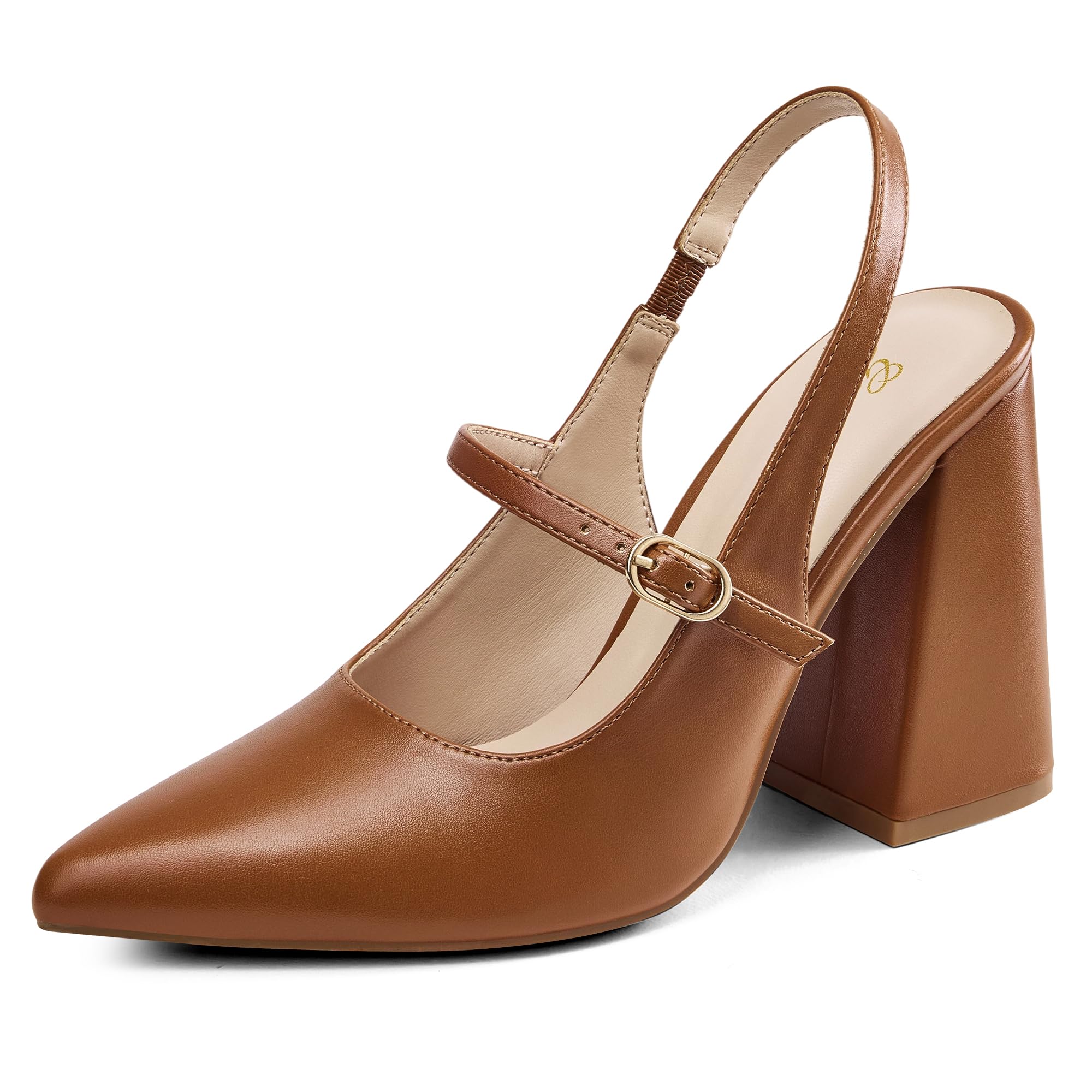 Photo 1 of GENSHUO Women's Chunky Slingback Mary Jane Pumps, 4 Inch High Block Heels Closed Pointed Toe Dress Shoes for Party Work CasualBrown Matte Size 6