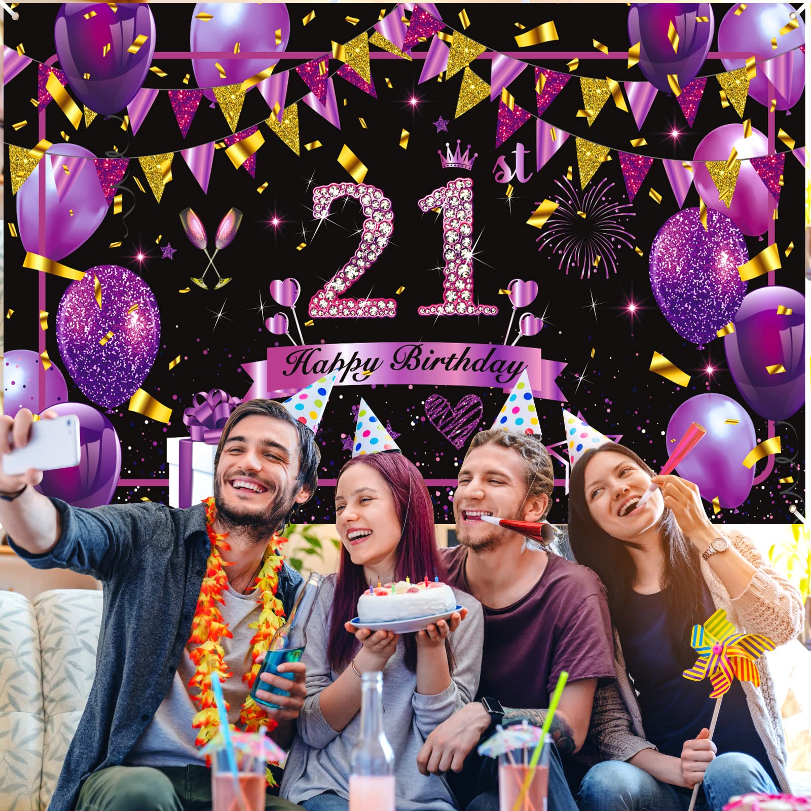 SUNDECO Purple & Black Happy Birthday Banner - 71x44 Inch Large Polyester Backdrop For Women's Parties