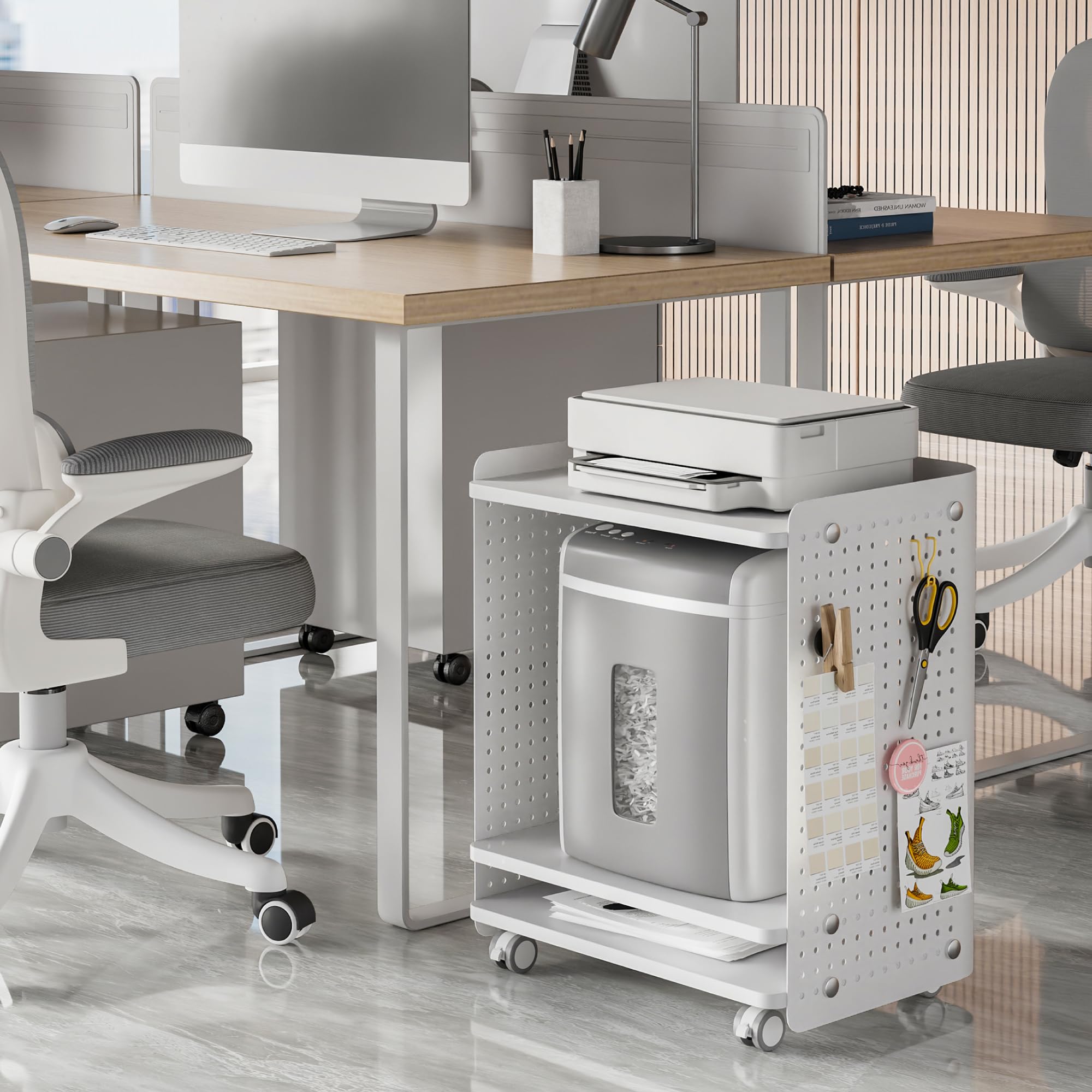 Fenge Support d'Imprimante Mobile, Caisson de Bureau sur roulettes, Meuble pour imprimante, Meuble de Rangement avec 4 Nieavux, Support de Fax, pour Bureau, Chambre, Salon, 45,3x33,5x55,3cm (Blanc)