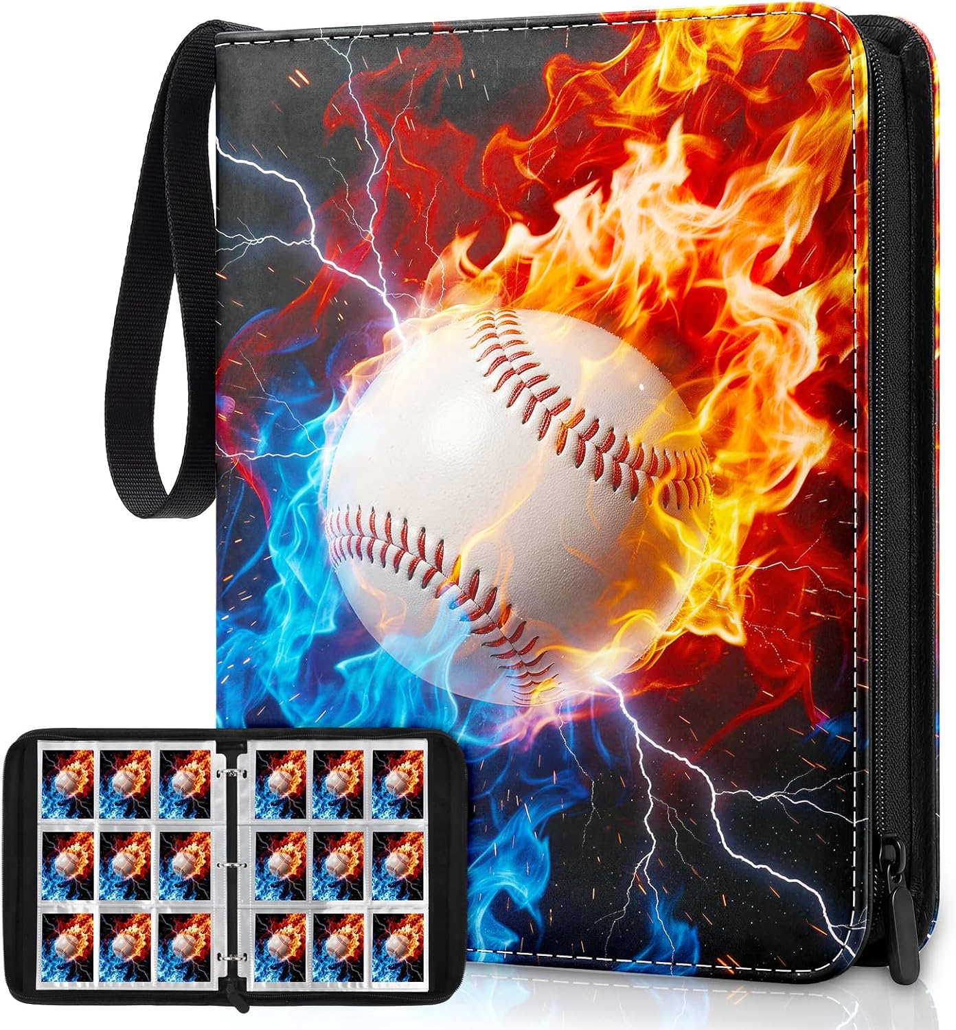 Baseball Card Binder, Sports Card Binder 9 Pocket Holds up to 900 Pockets with 50 Removable Sleeves, Zipper Baseball Cards Collection Binder for Sports & TCG Collectors