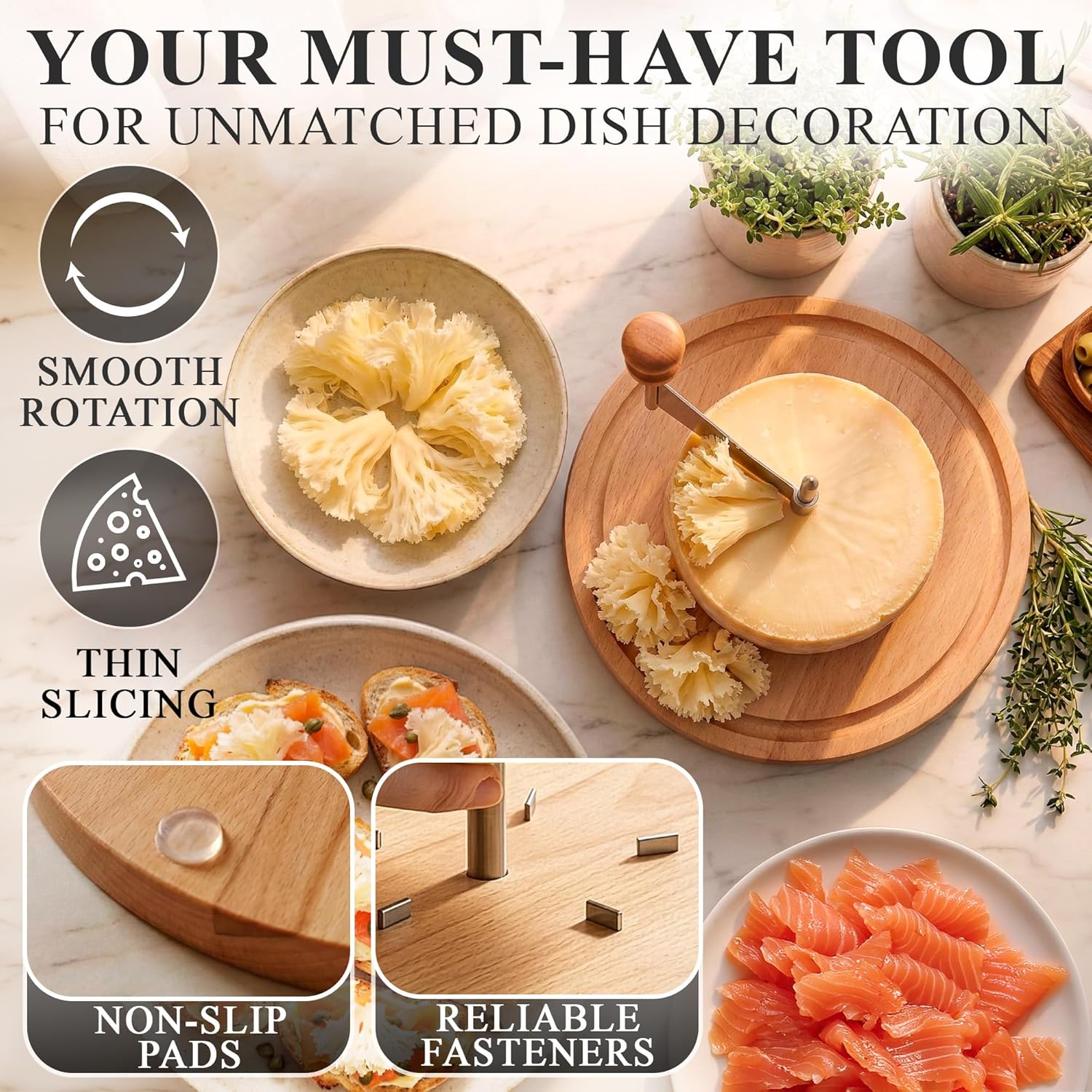 Girolle Cheese Shaver Tool for Making Rose-Shaped Cuts - Tête de Moine & Girolle Cheese Curler Wheel Fitted with Fasteners & Non-Slip Pads - Stainless Steel Construction with Sharp Blade & Wood Base