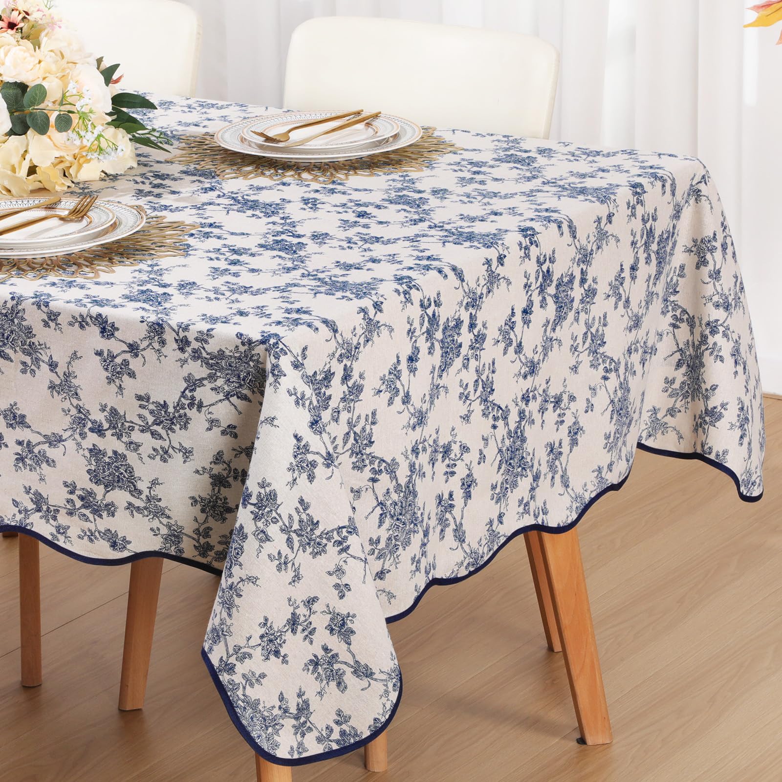 Photo 1 of Newwiee Cotton Linen Vintage Rectangle Tablecloth Scalloped Edge Pastoral Table Cover Farmhouse Washable Blue Floral Tablecloth for Picnic Indoor Outdoor Tabletop Decor(60×108inch)