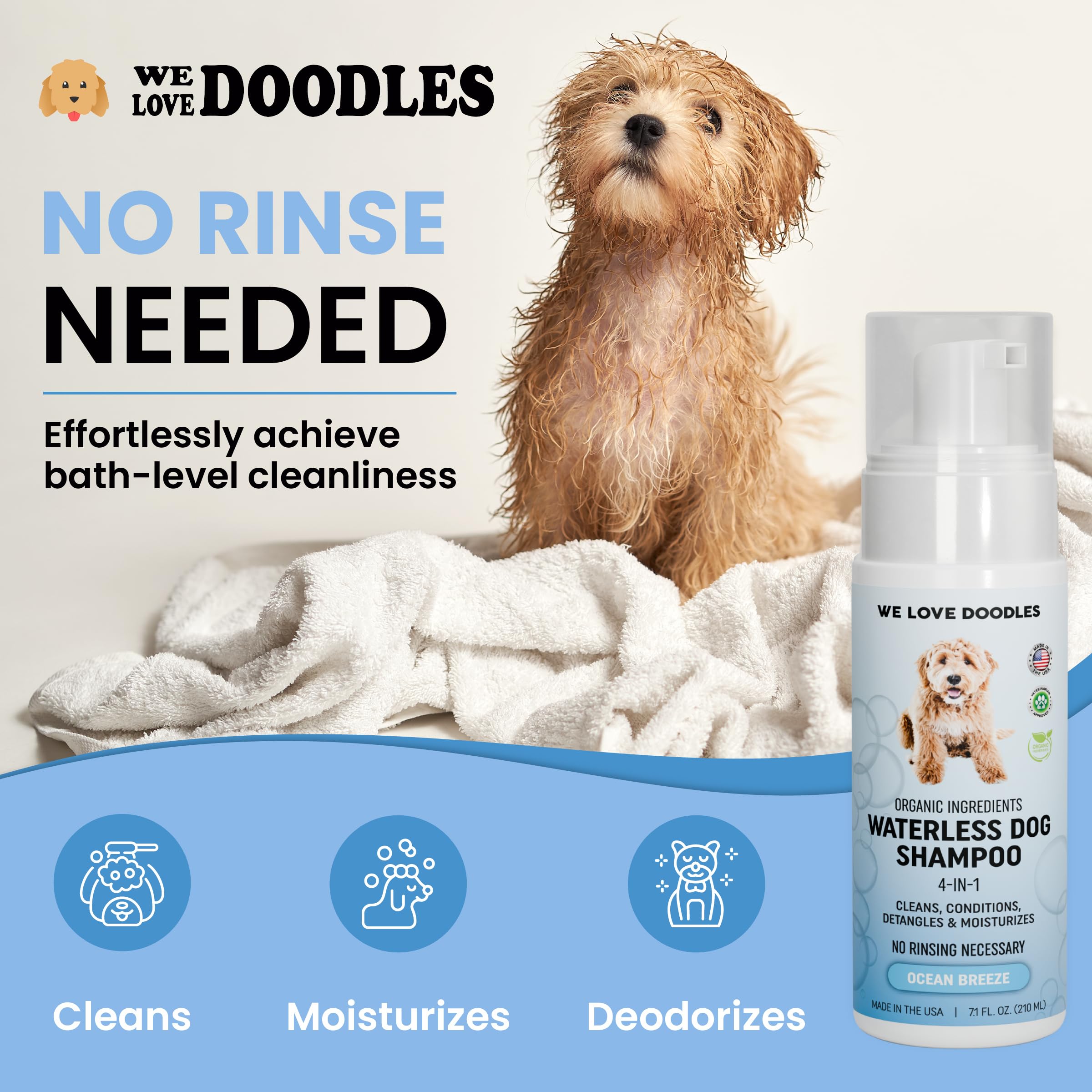 Waterless Dog Shampoo - Over 200+ Sprays Per Bottle - Cleans & Moisturizes Coat, No Rinse Dog Shampoo, Safe Foam Formula & Pet-Friendly Dog Deodorizing Spray, 7.1 oz (Ocean Breeze) [We Love Doodles] - image 4