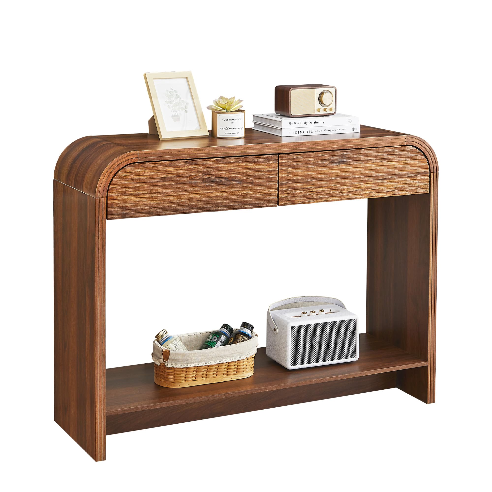Curved Console Table Arch with Storage, Narrow Entryway Table with Drawers, 43.3'' Couch Table Behind Sofa Long and Skinny for Living Room TV, Hallway Entrance Foyer, Mid Century Farmhouse Rattan
