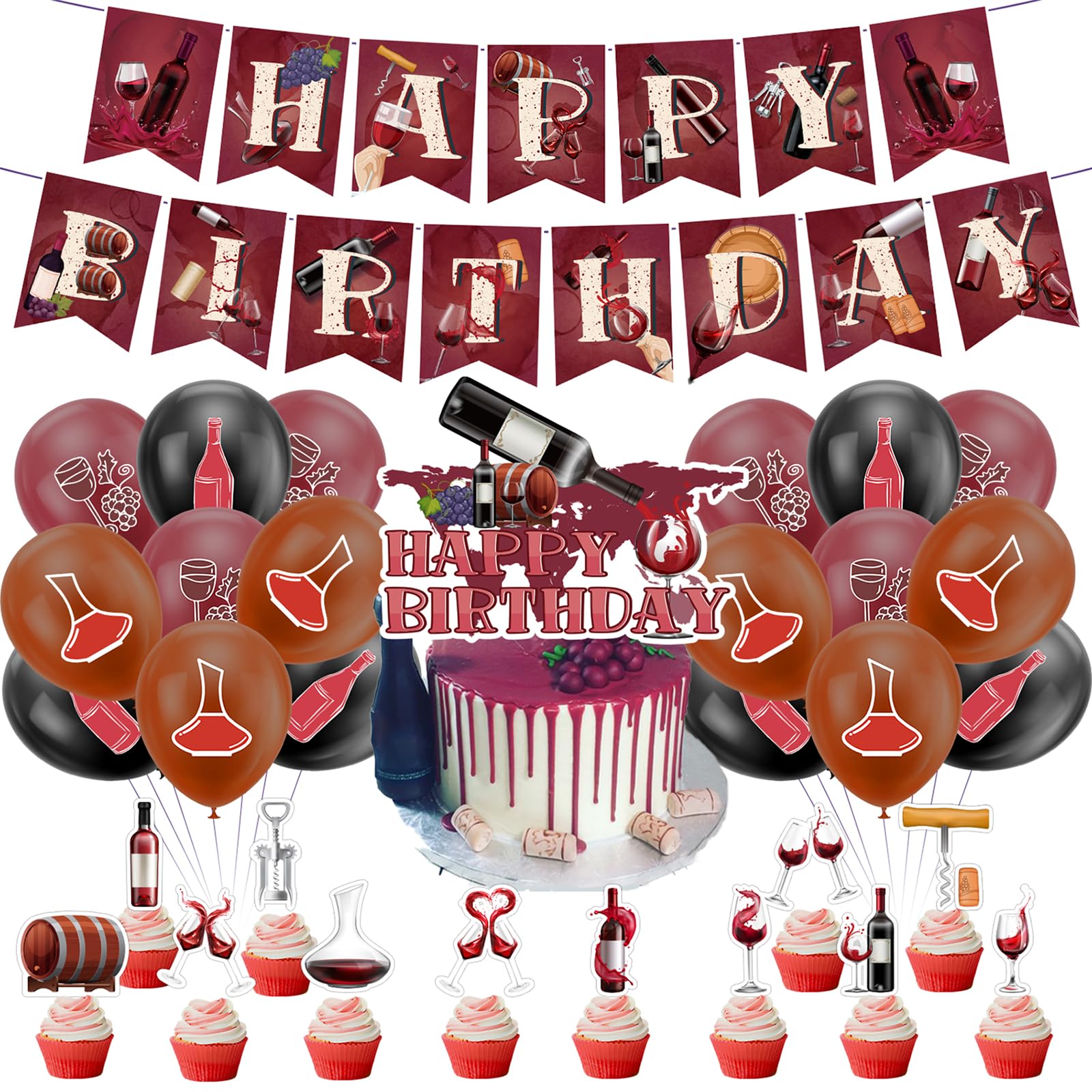 Red Wine Birthday Decorations Red Wine Party Supplies Set Red Wine Birthday Banner Cake Topper Cupcake Toppers Balloons for Red Wine Party Decorations