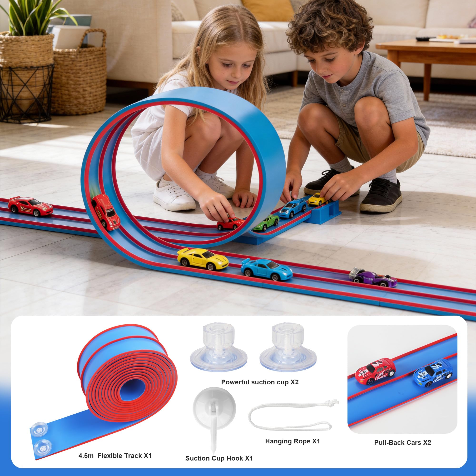 Juego de pistas de carreras flexibles para niños de 4,5 metros, hipódromo flexible para niños, Hot Wheels, pista de carreras portátil Hot Wheels con rampa doble, adecuada para niños