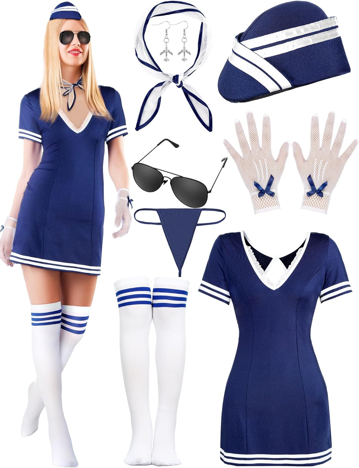 Mepase 8 Pcs Women Flight Attendant Costume Outfits Accessories Halloween Retro Airline Stewardess Outfit for Women Ladies Cosplay Halloween Party