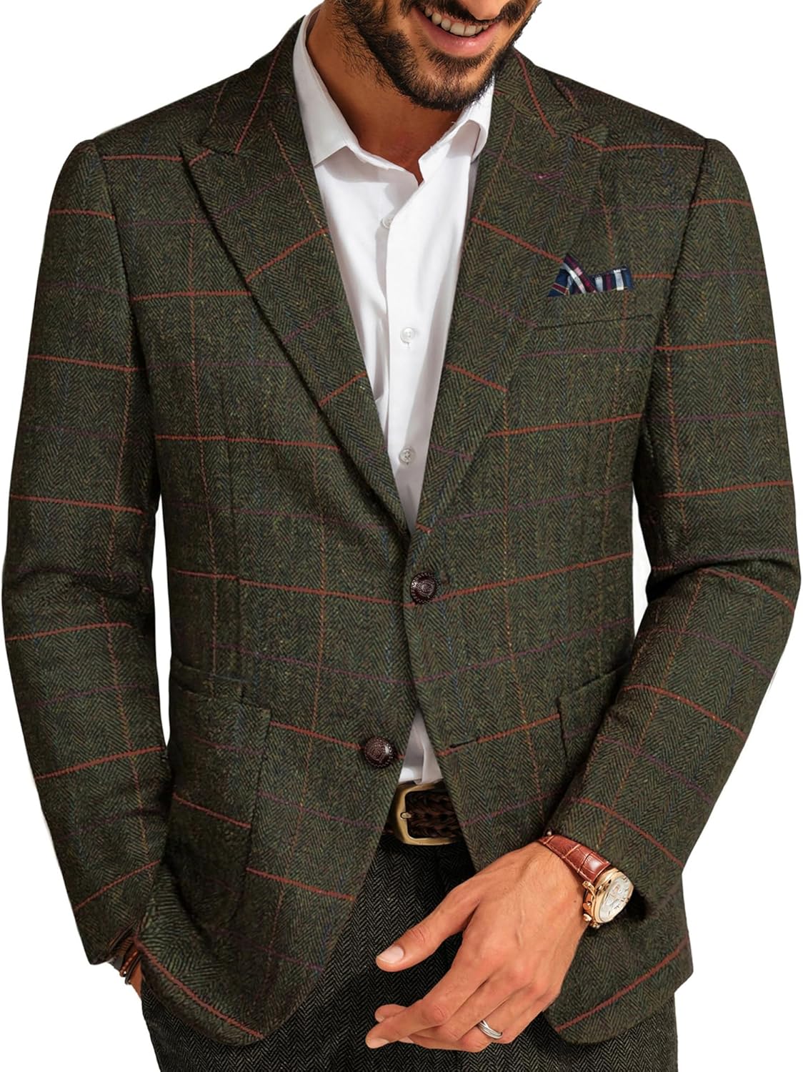 PJ PAUL JONES Mens Blazer Vintage Herringbone Tweed Blazer Two Button Wool Blend Sport Coat with Pocket Square