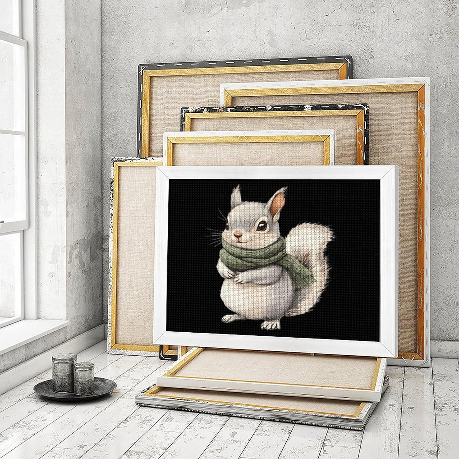 Grey Squirrel with Olive Green Scarf Printed Diamond 5D Painting Kits DIY Full Drill Crafts for Home Wall Decor 16x20 Inch White Wood 50 * 40cm