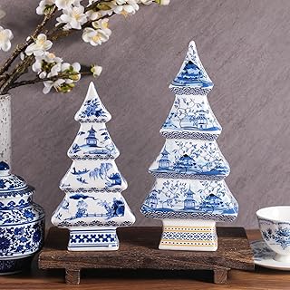 Bucherry 2 Pcs Chinoiserie Christmas Tree Porcelain Table Decoration - Vintage Blue White Ceramic Holiday Tabletop Figurine for Fireplace Mantle, Dinner Table, Xmas Party Gift (Elegant Style)