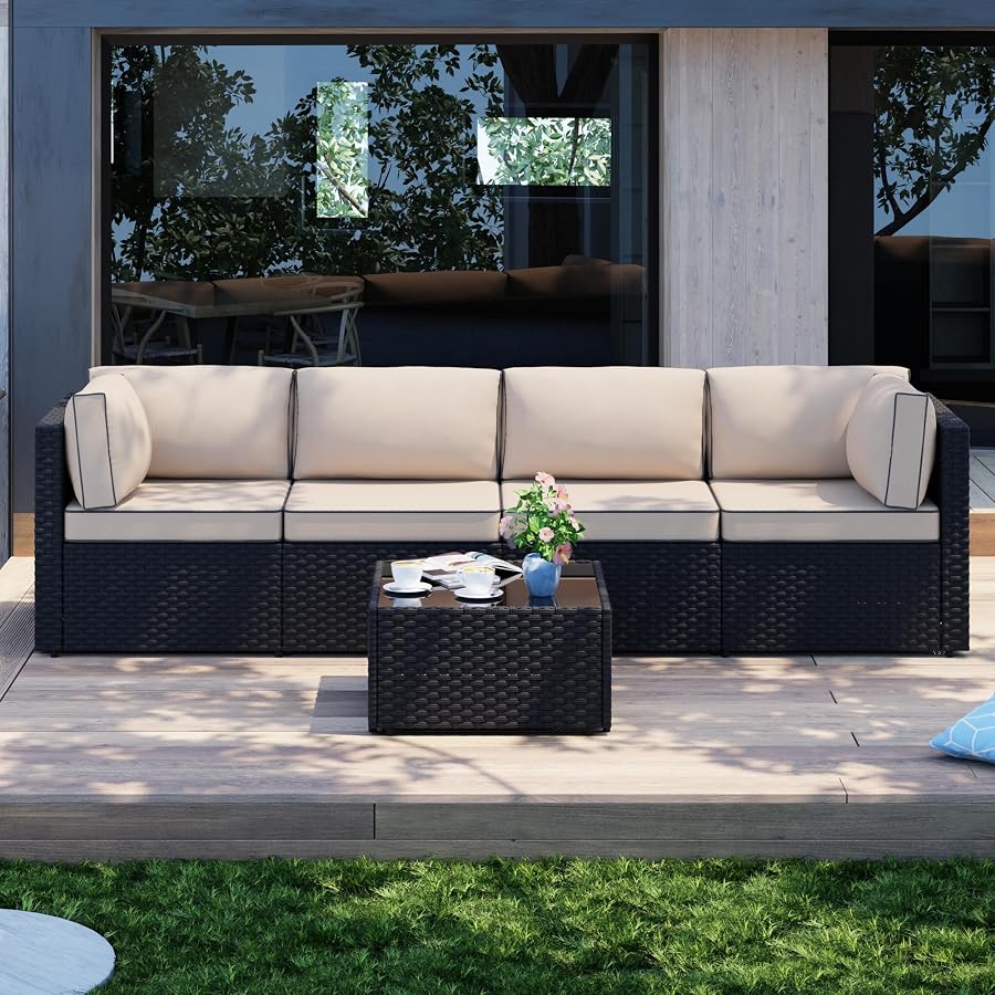 Patio Furniture Sets, 5 Piece Outdoor Sectional Sofas, Wicker Rattan Outdoor Furniture Patio Conversation Set, All-Weather PE Rattan Outdoor Couch for Backyard, Garden, Black & Khaki - image 3