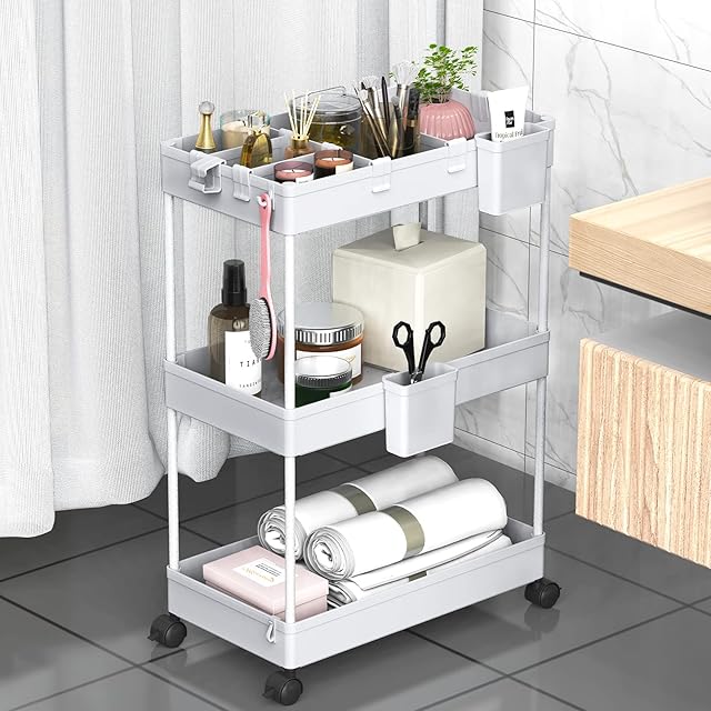 SPACEKEEPER Storage Trolley 3-Tier Rolling Utility Cart Slide Out Shelving Organization Shelf for Laundry Bathroom Kitchen with Small Containers & Hooks Grey