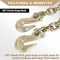 Vista 2 de AAIN - Cadena de amarre de transporte de 3/8 pulgadas x 10 pies para sujeción, 7,100 libras WLL, cadena de remolque resistente G80 con ganchos