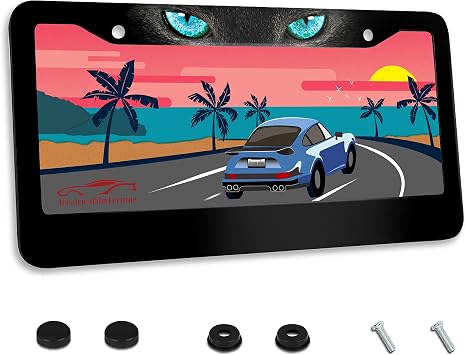 Black Cat Blue Eyes License Plate Frame Stainless Steel 2-Holes with Screws | Fits Us Standard Front & Rear License Plates Holder Rustproof Rattle-Proof Weather Resistant Easy Installation Car Parts