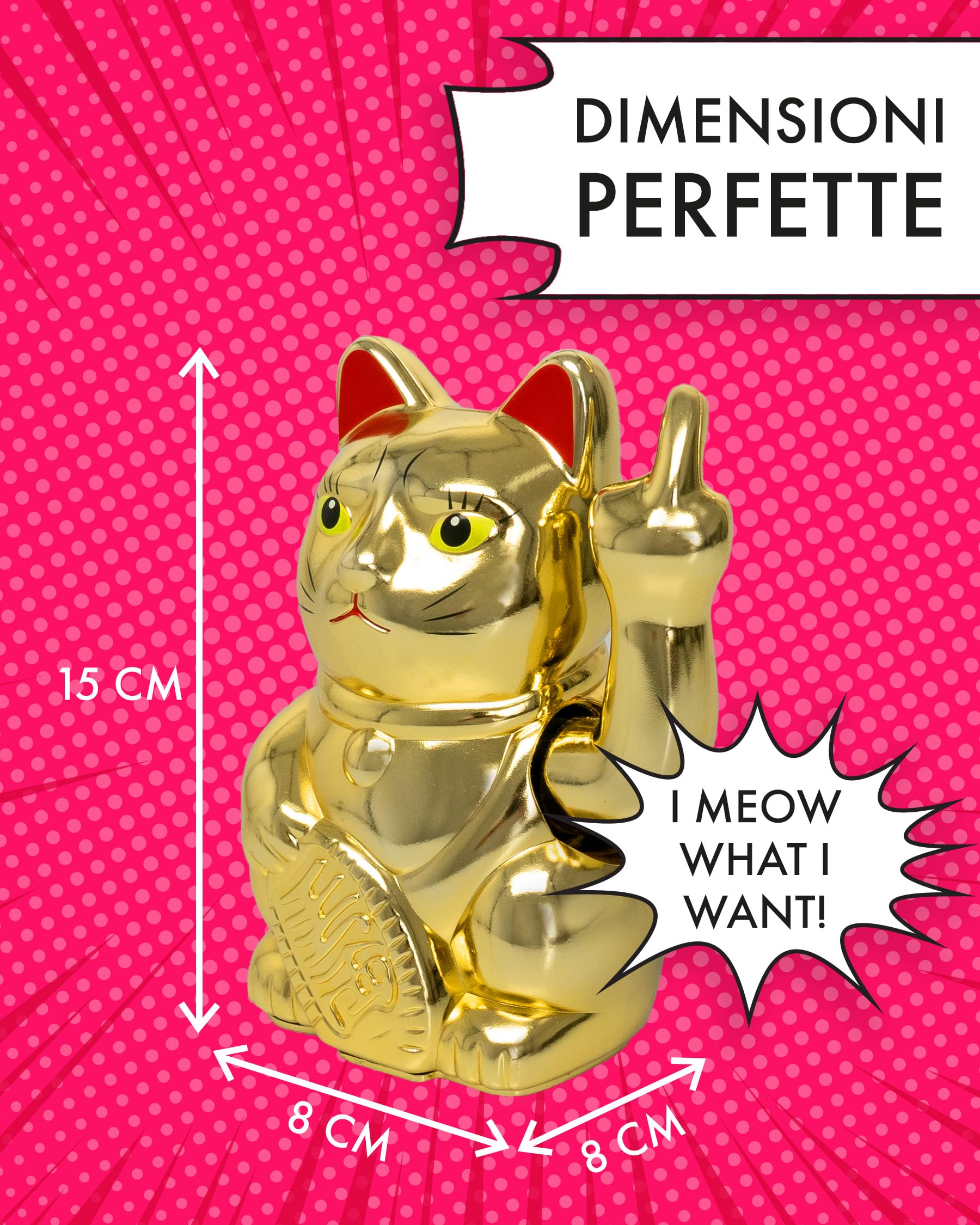 ANGRY CAT - Gatto fortuna Lucky Cat - Divertente gatto giapponese che saluta - Figura statuetta statua idea di regalo con braccio ondeggiante - oro, 15cm
