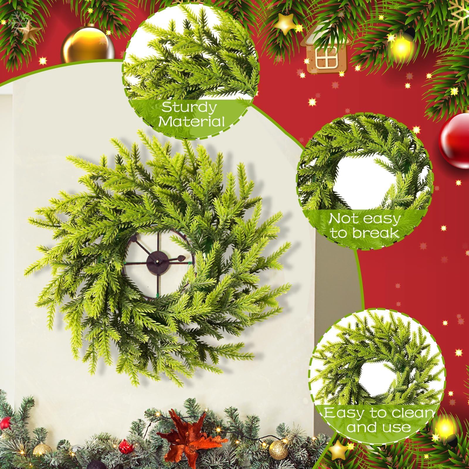 2 coronas artificiales verdes de Navidad de 10 pulgadas, coronas artificiales de imitación para puerta delantera, decoración de pared para interiores y exteriores (aguja de pino)