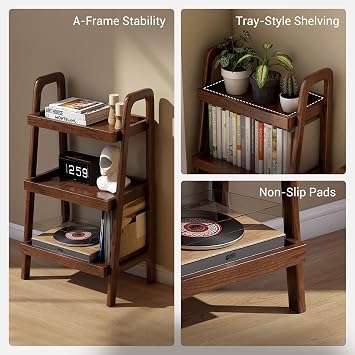 YESWOOD Solid Oak End Table with 3 Tier Storage Shelves, Walnut Finish Ladder Shelf Side Table for Bedroom Living Room, Small Bookshelf Plant Stand, FAS Red Oak Furniture