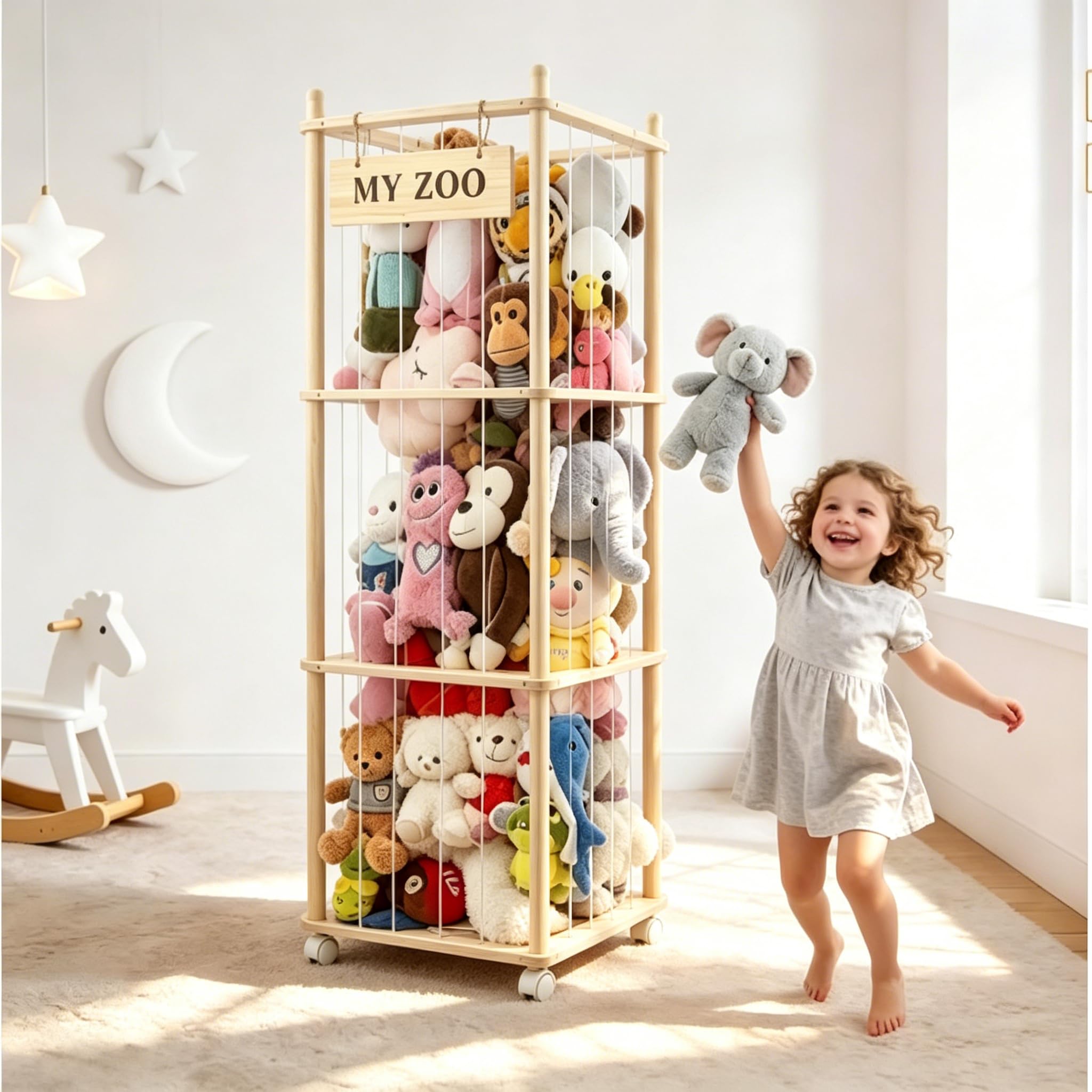 Kuscheltier Aufbewahrung, Holz Stofftier Aufbewahrungsturm, Plüschtier Organizer mit Netz und 360° Drehrollen mit Bremse, platzsparend für Kinderzimmer & Spielzimmer, 137x41x41 cm