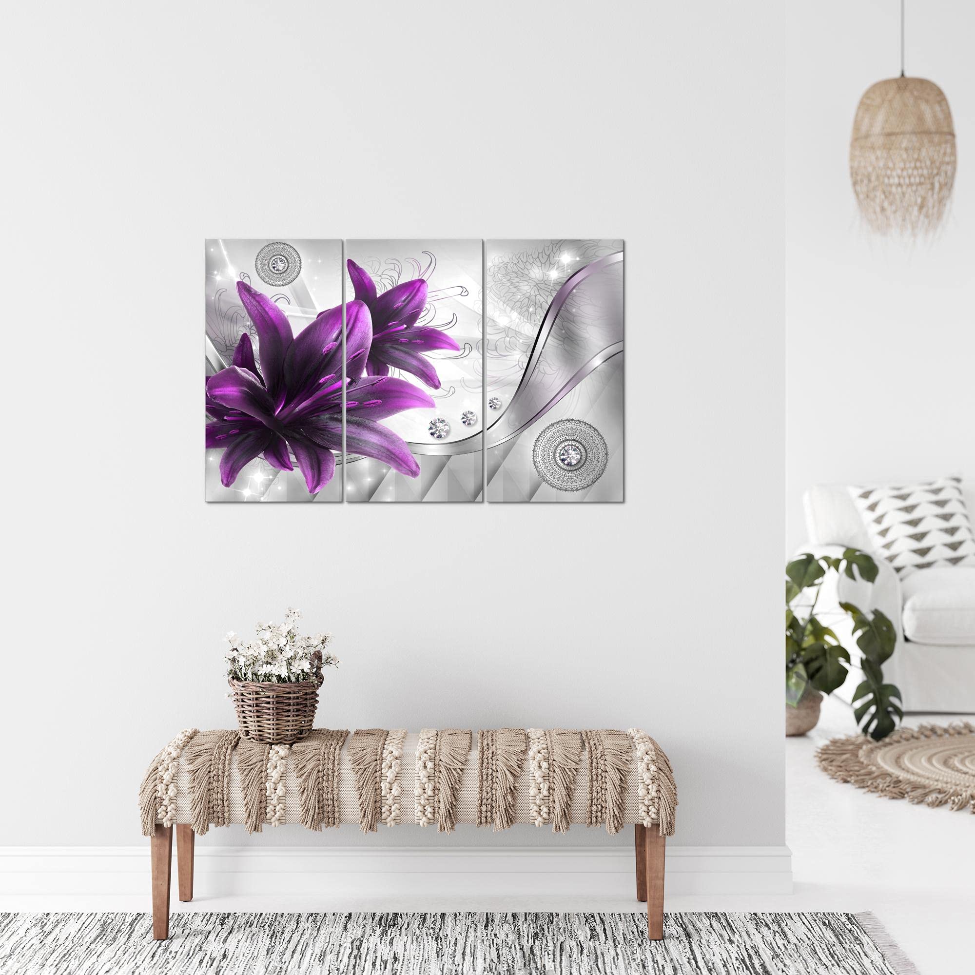 Quadro Murale Runa Art - Stampa Su Tessuto Non Tessuto Con Gigli Moderni, Astratto Viola E Grigio, Made In Germany, 036815b