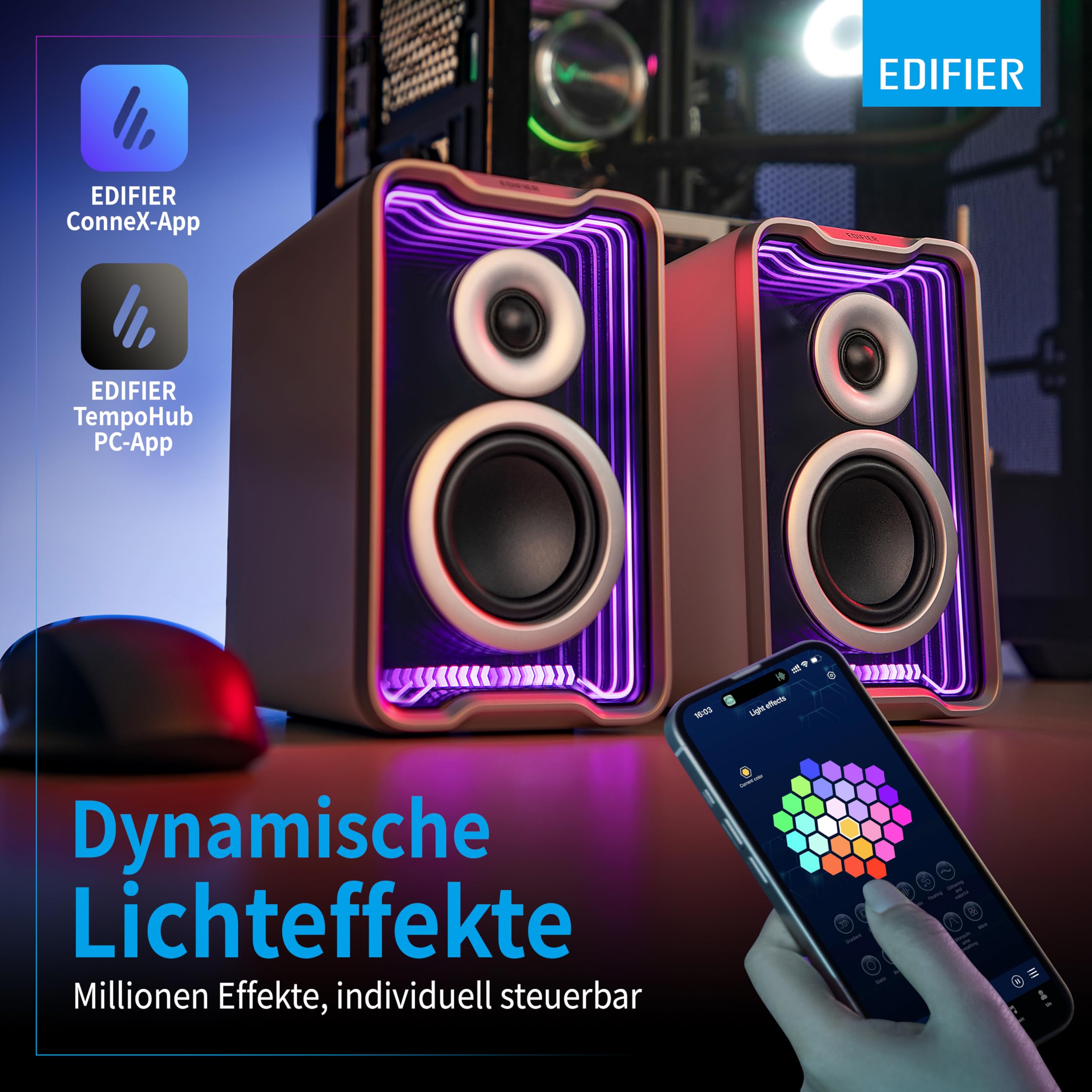 Edifier QR30 Aktiver Desktop-Lautsprecher mit Bluetooth V5.4, dynamische Lichteffekte, 30 Watt RMS – Weiß
