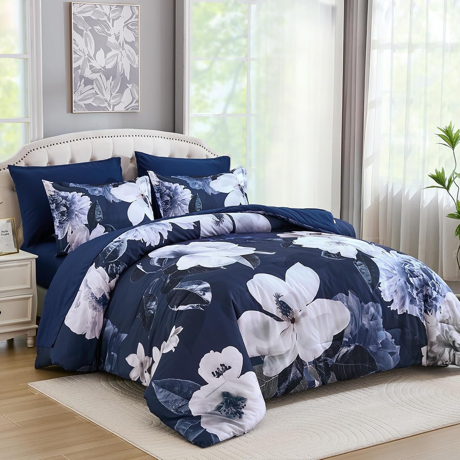 Mybedsoul King Size Comforter Set 7 Pieces, Bed in a Bag Soft Microfiber Bedding, Luxury Navy Floral Elegant Design, All Seasons Comforter Bed Set with Sheets, Pillowcases & Shams - Image 2
