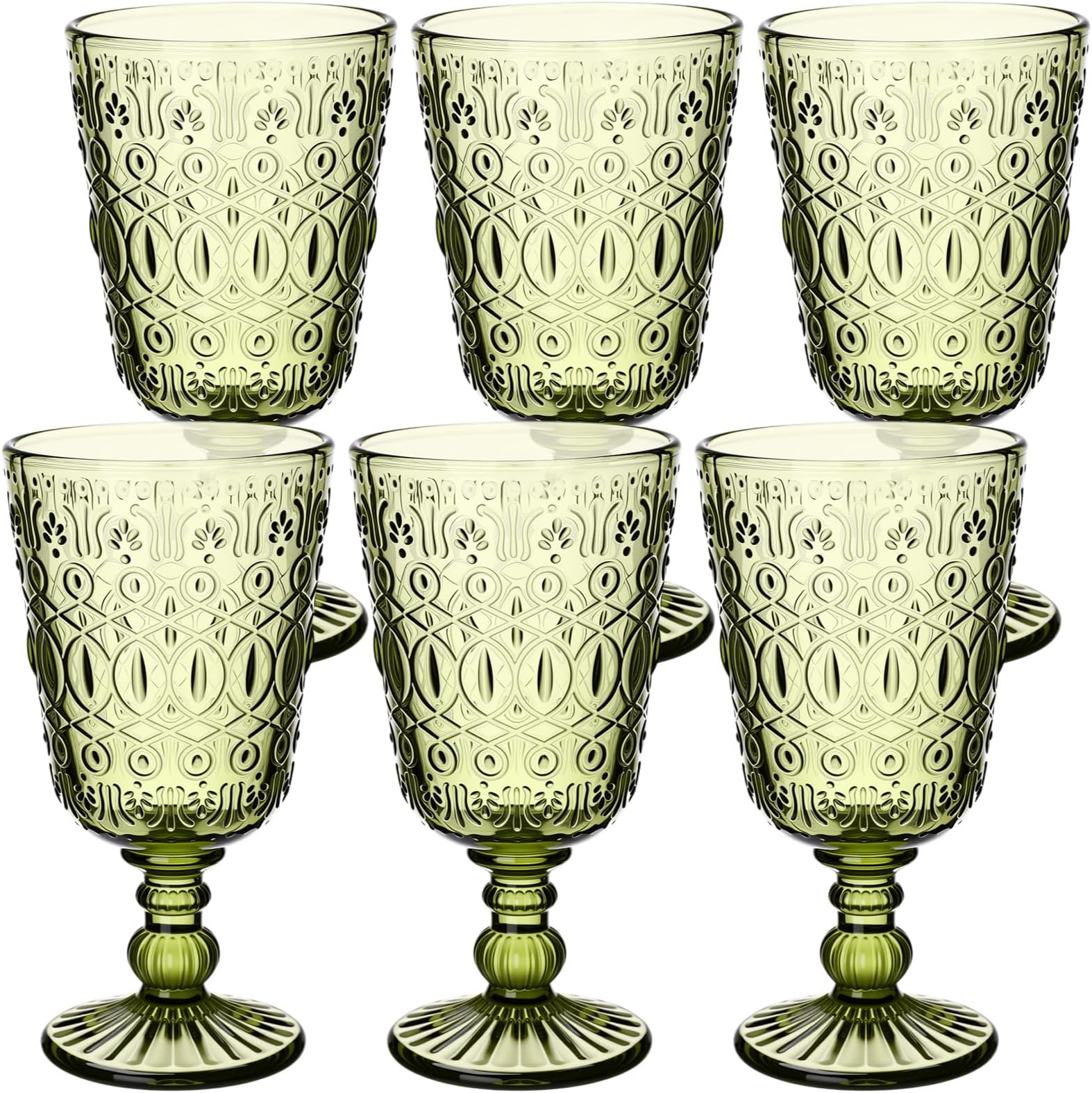 Eaasty Wine Glasses Set of 6 Vintage Goblet 9 oz Vintage Colored Glass Goblet Beverage Stemmed Glass Cups Romantic Embossed Glassware for Wedding Party Holidays Anniversary (Green)