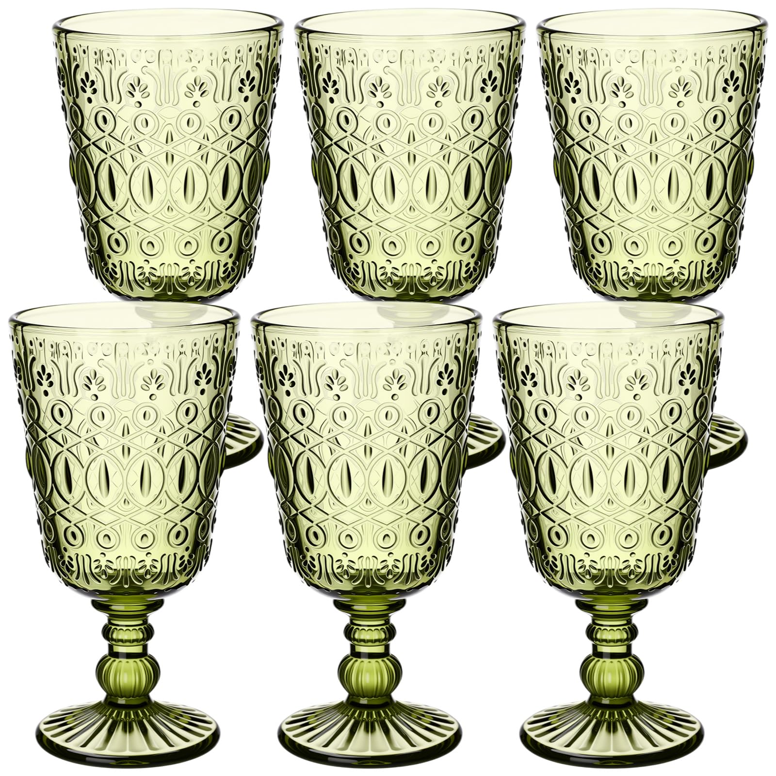 Eaasty Wine Glasses Set of 6 Vintage Goblet 9 oz Vintage Colored Glass Goblet Beverage Stemmed Glass Cups Romantic Embossed Glassware for Wedding Party Holidays Anniversary (Green)
