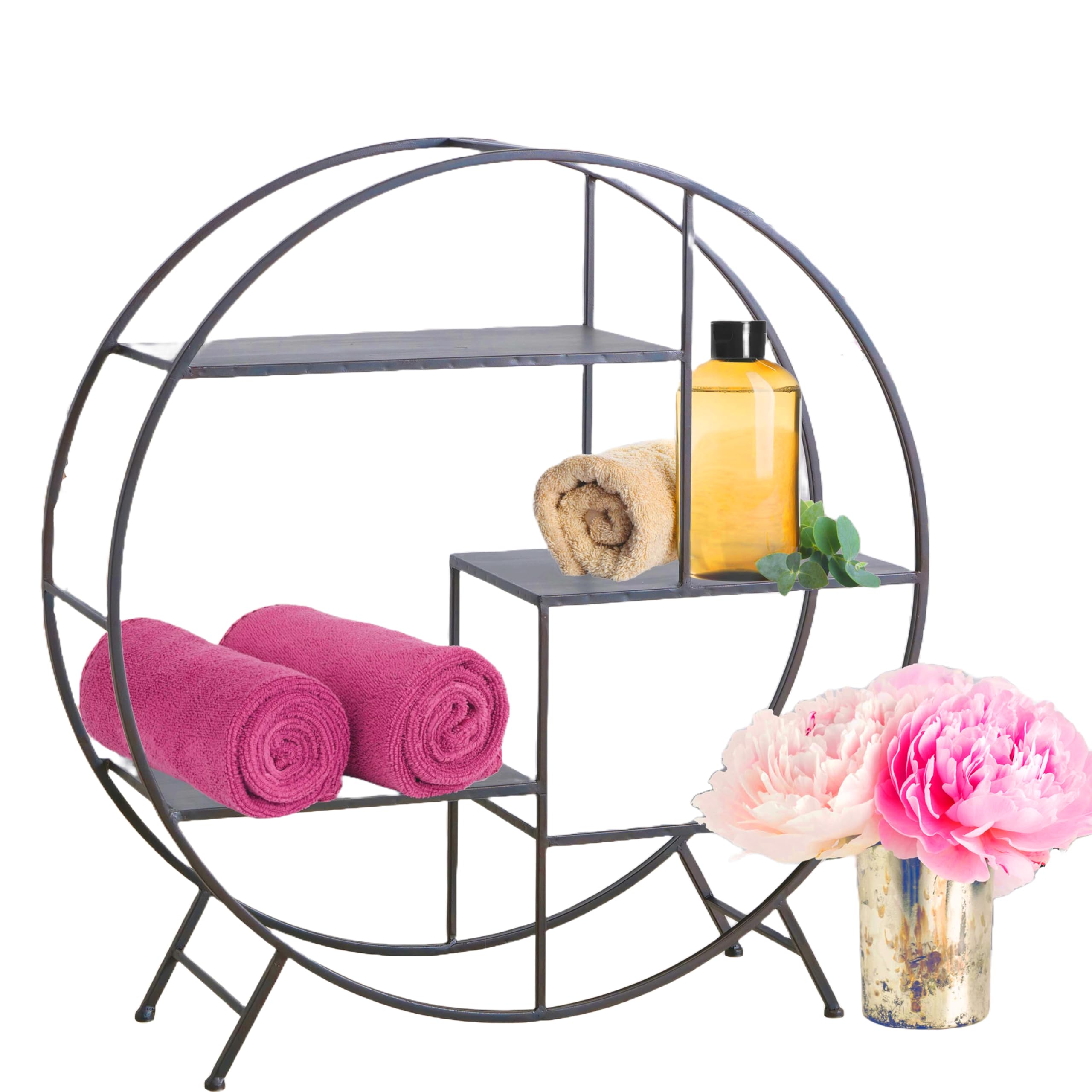 WHW Whole House Worlds 4 Shelf Circular Floor Rack, 37 Inches Tall, Round Free Standing, Powder Coated Iron,