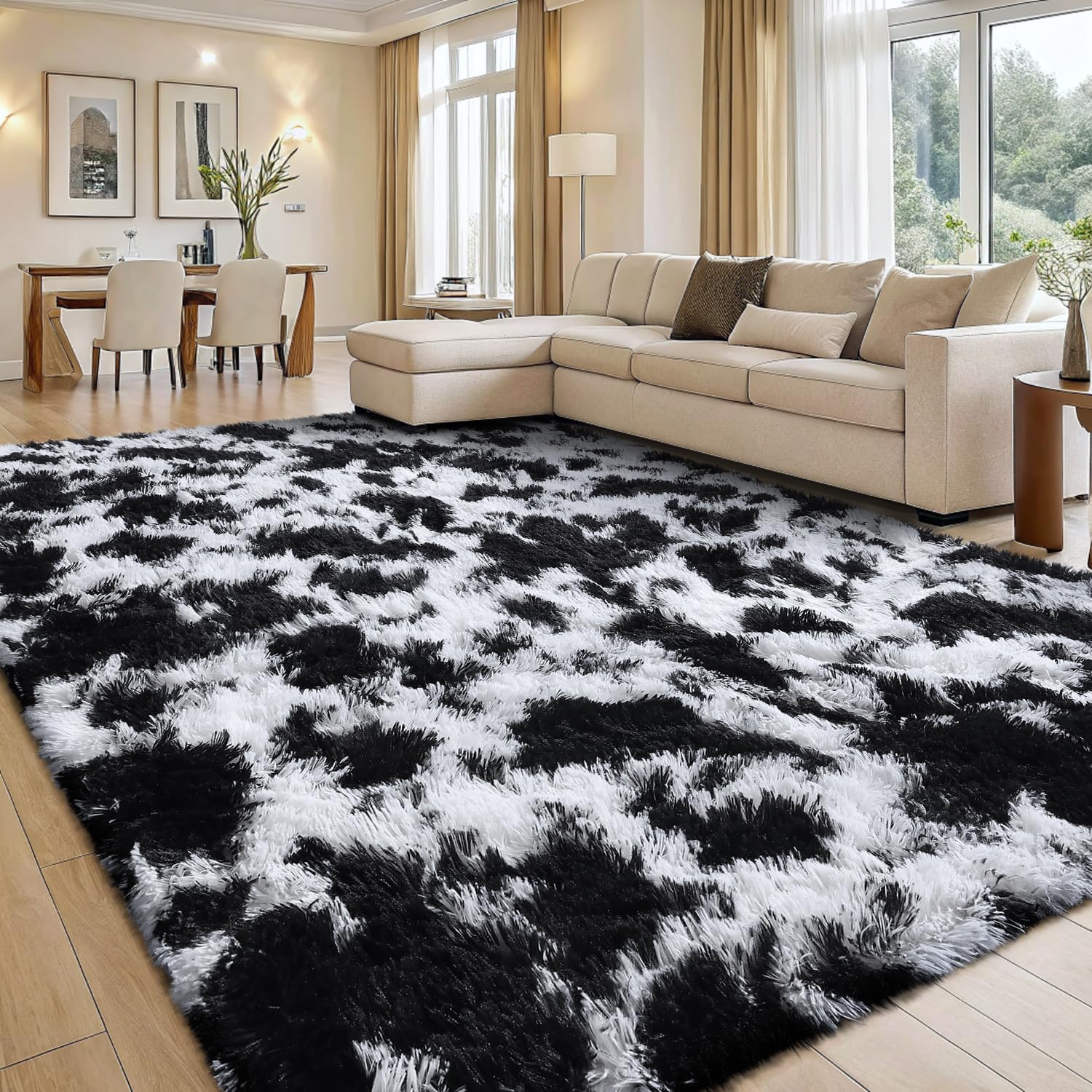 smiry Rugs Living Room 80x150cm, Area Rugs for Bedroom, Machine Washable Anti Slip Soft Fluffy Shaggy Tie-dye Floor Carpet for Kids Girls and Boys, Nursery Room, Milk Cow